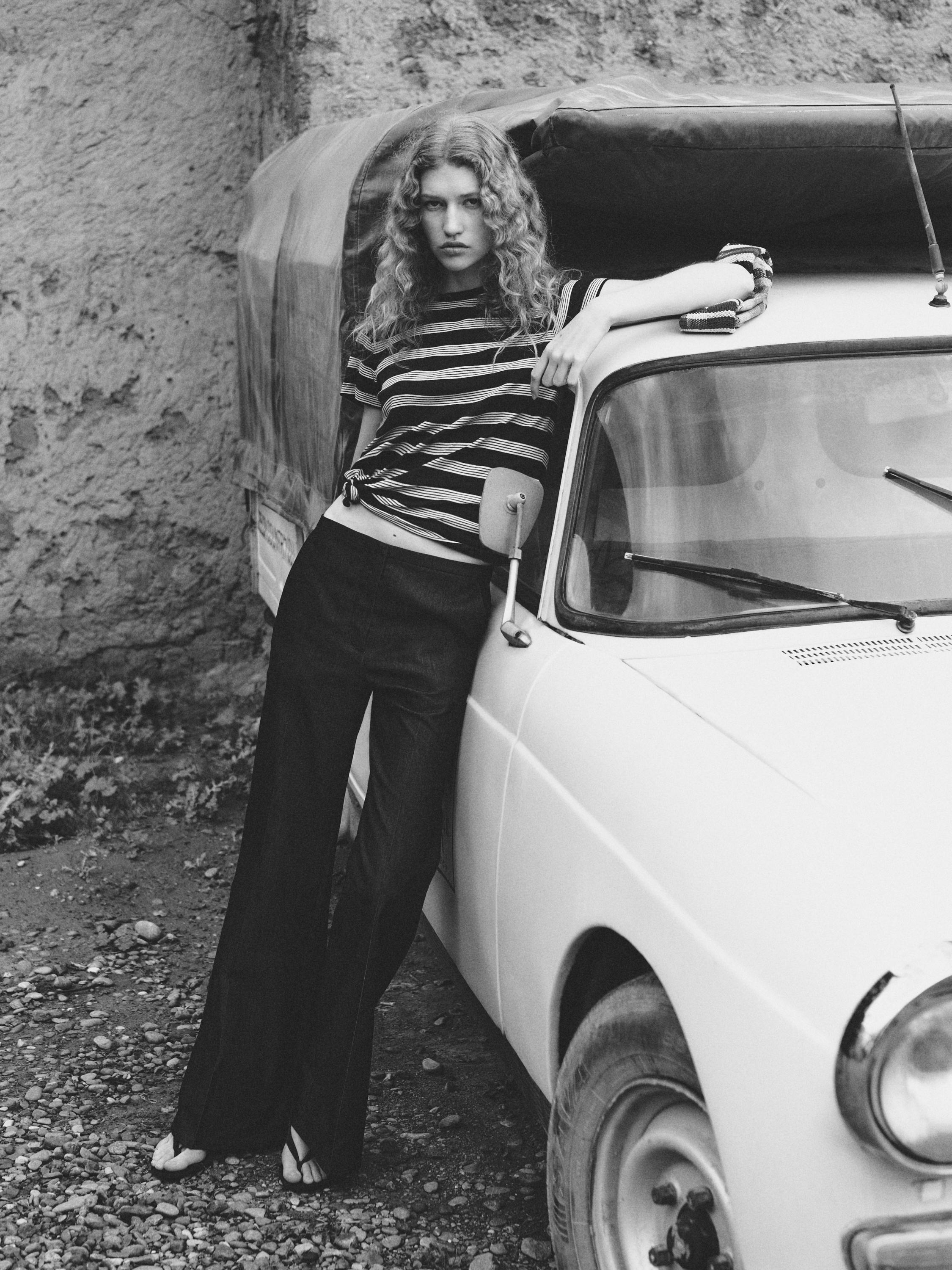 Denim-effect flared trousers — BLACK