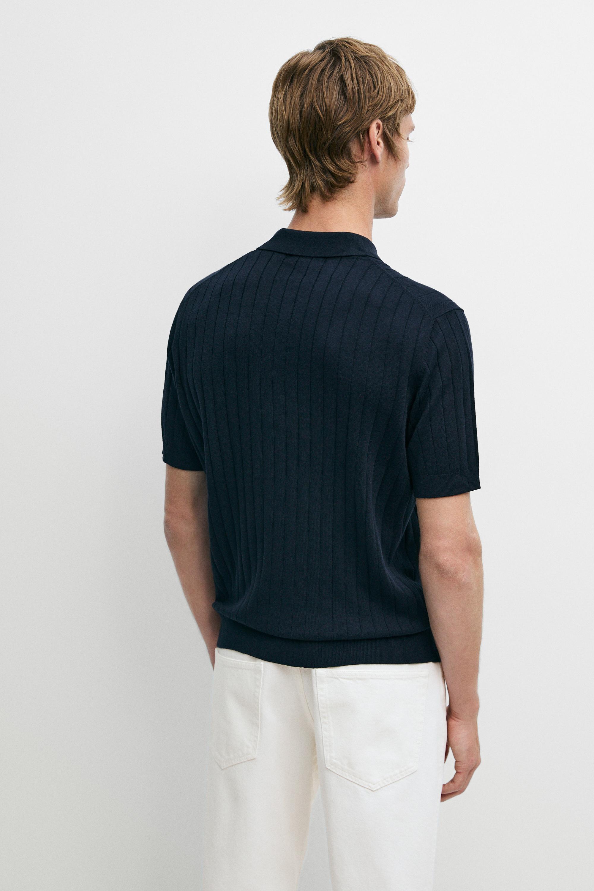 Ribbed knit cotton blend polo shirt — NAVY BLUE