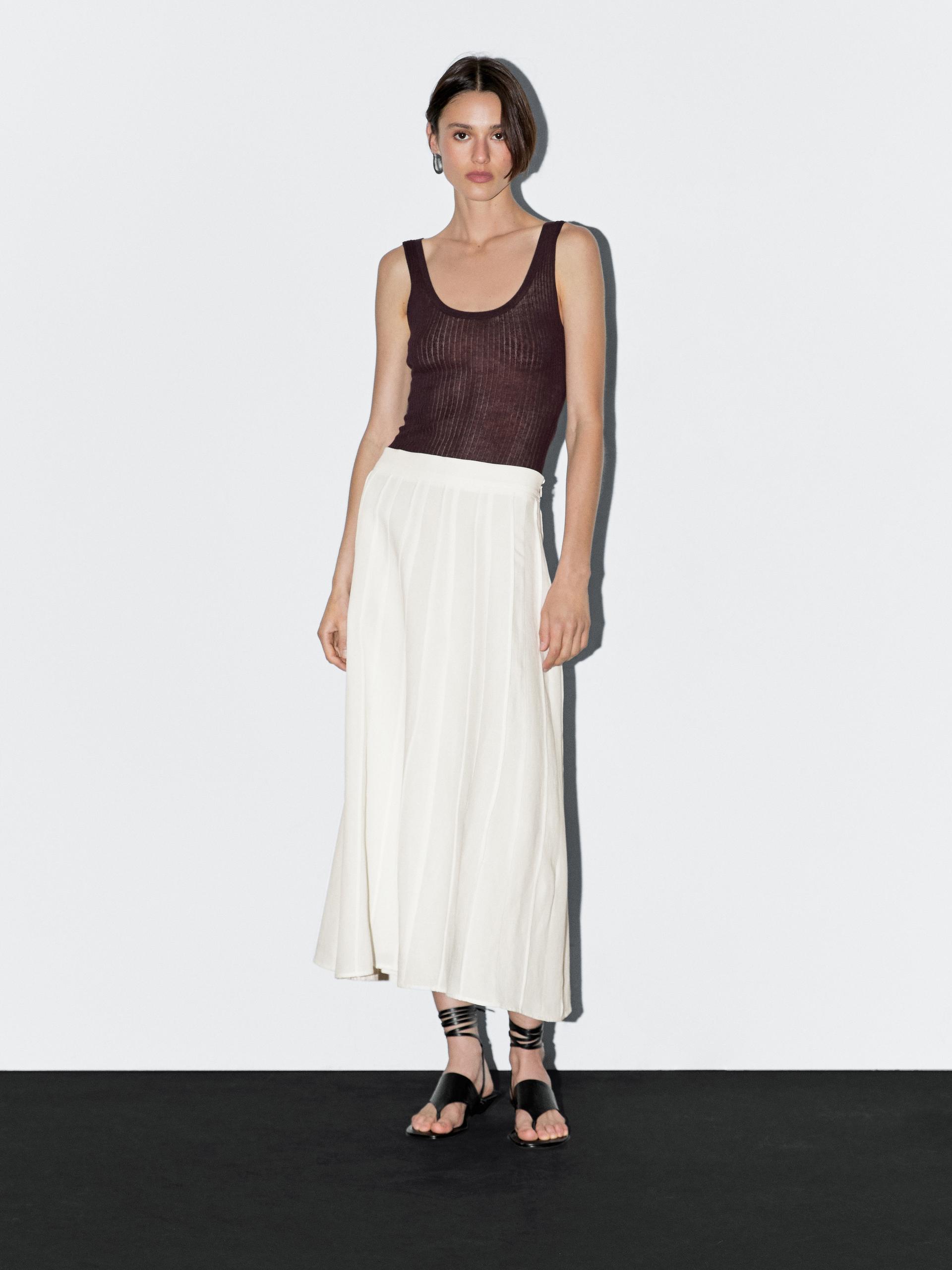 Gonna Midi A Balze Con Cuciture - Ecru - 36 (It 40) - Massimo Dutti - Femminile