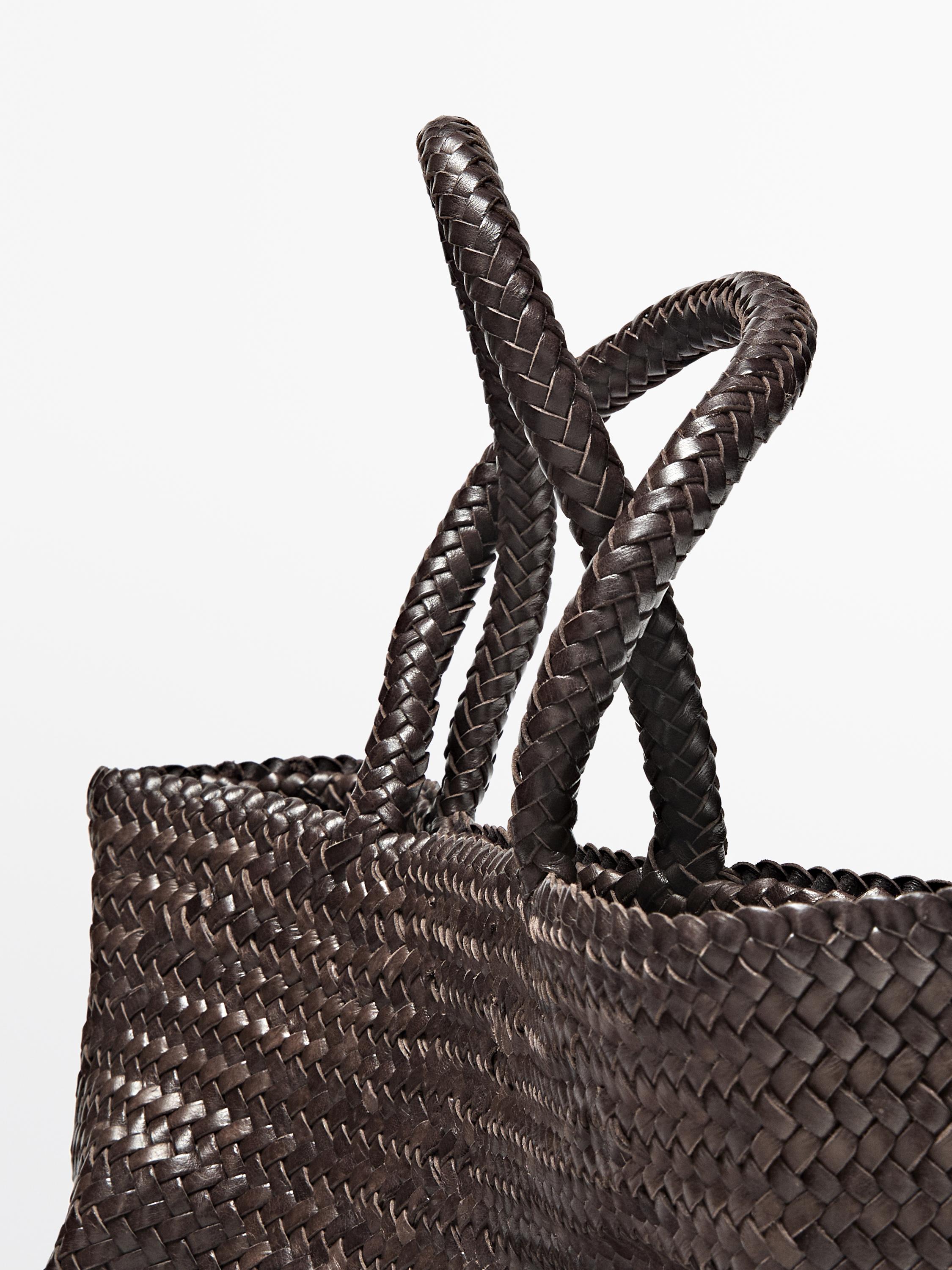 Medium braided nappa leather tote bag — BROWN