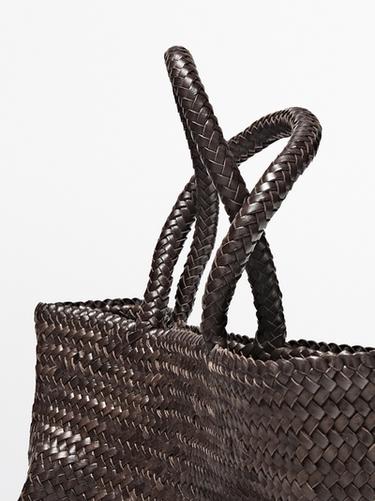 Medium braided nappa leather tote bag — BROWN 9