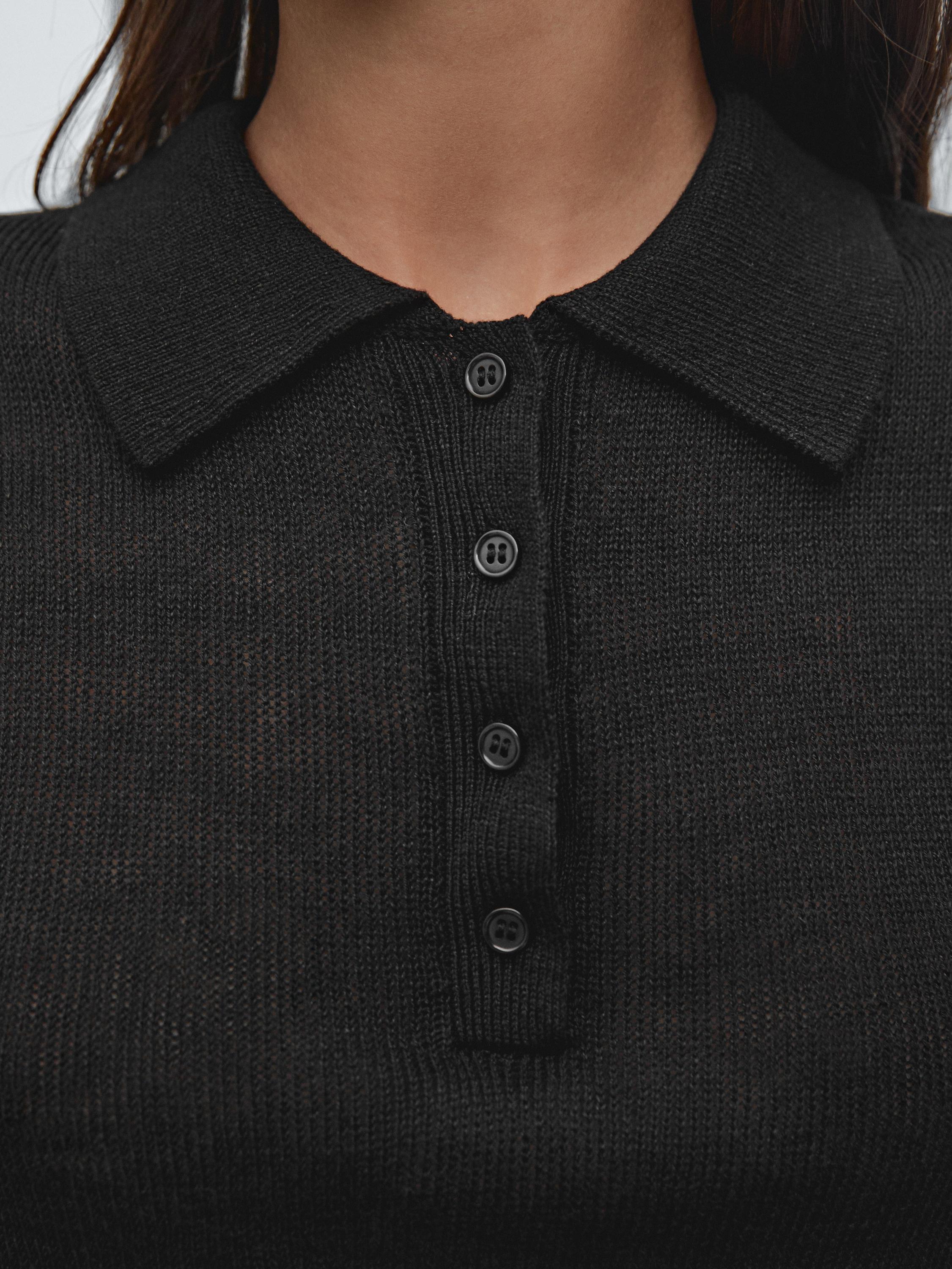 Linen blend cutwork polo sweater