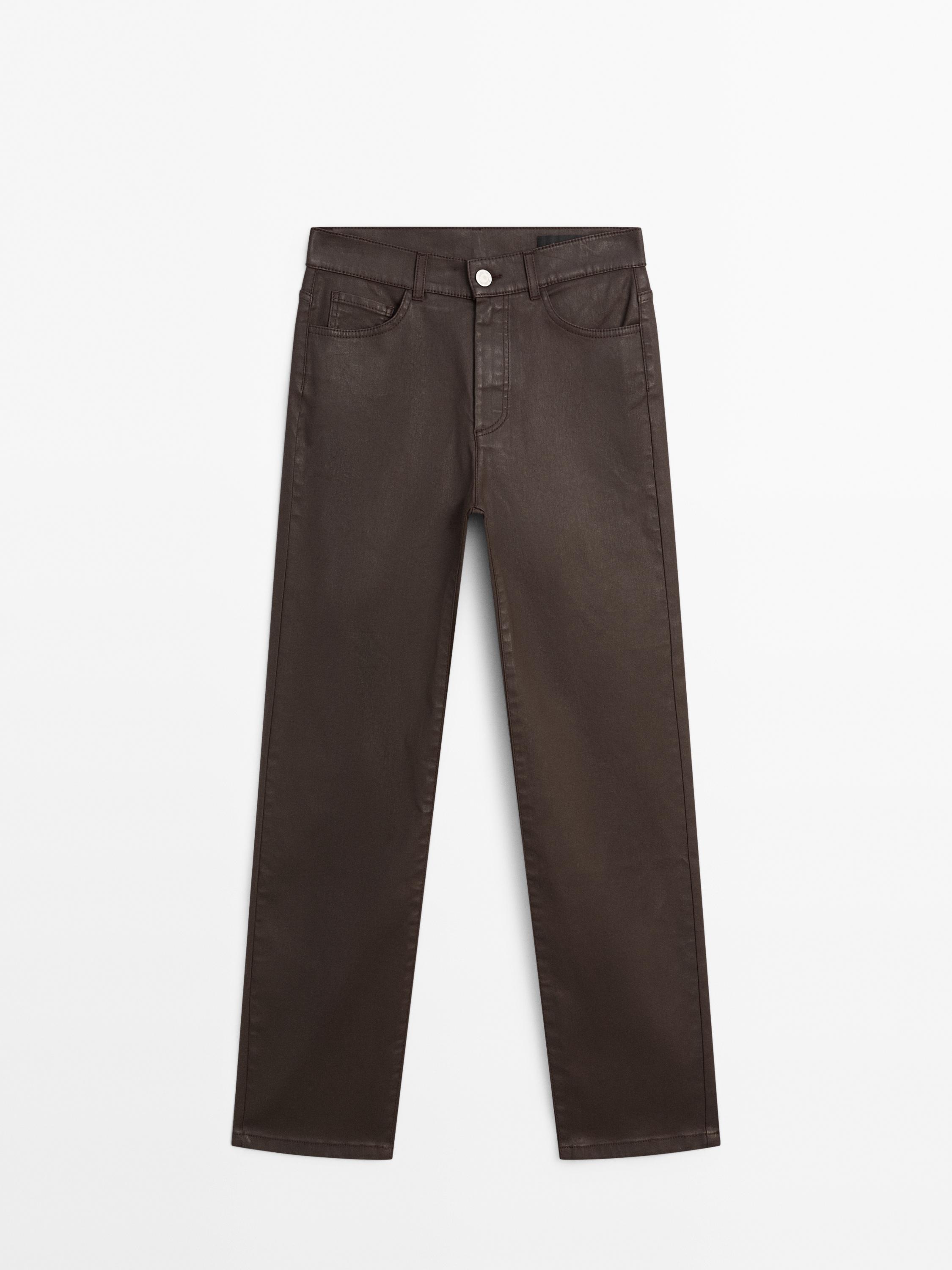 High-waist straight-leg waxed trousers — BROWN