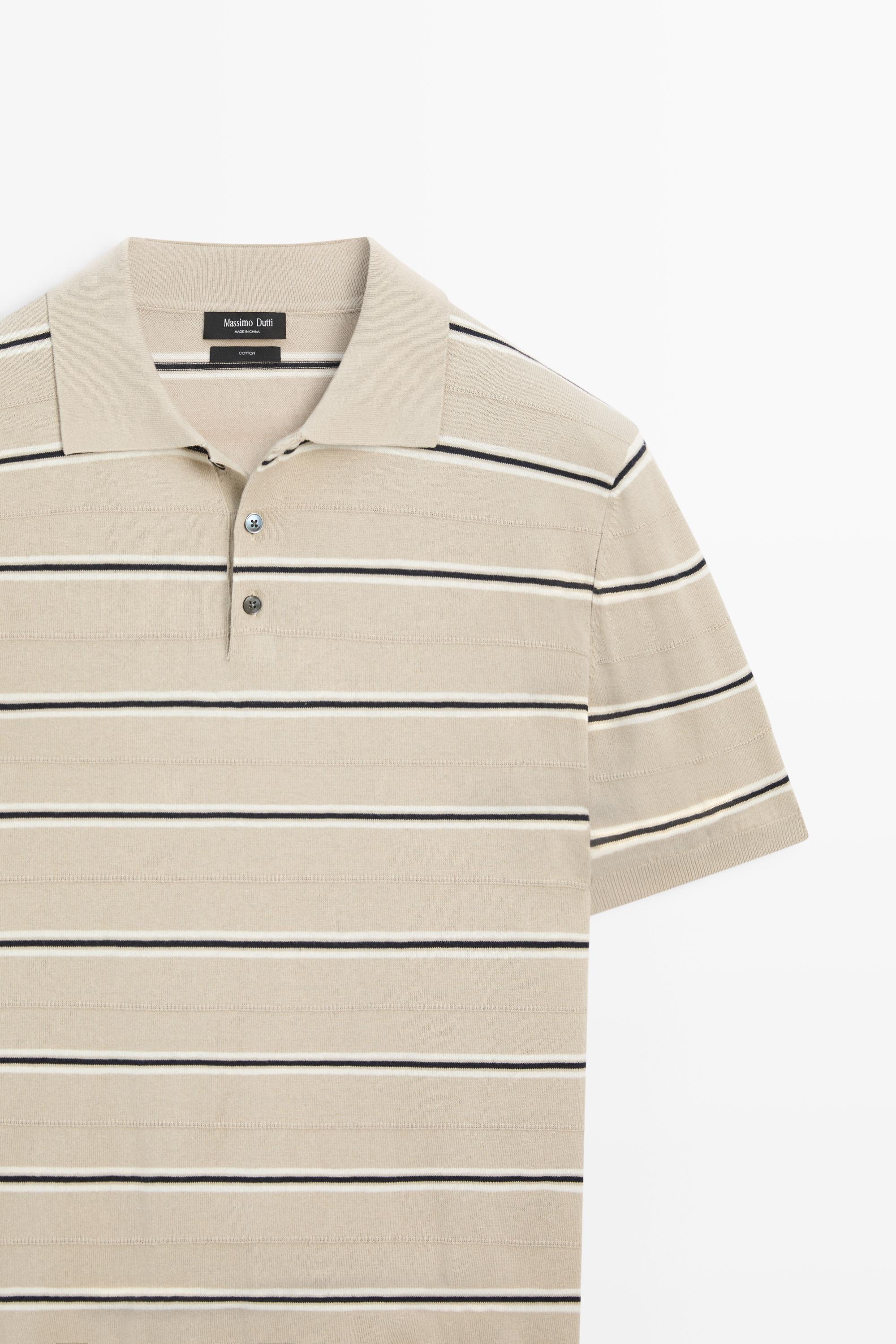 100% Cotton Striped Knit Polo Shirt — STONE