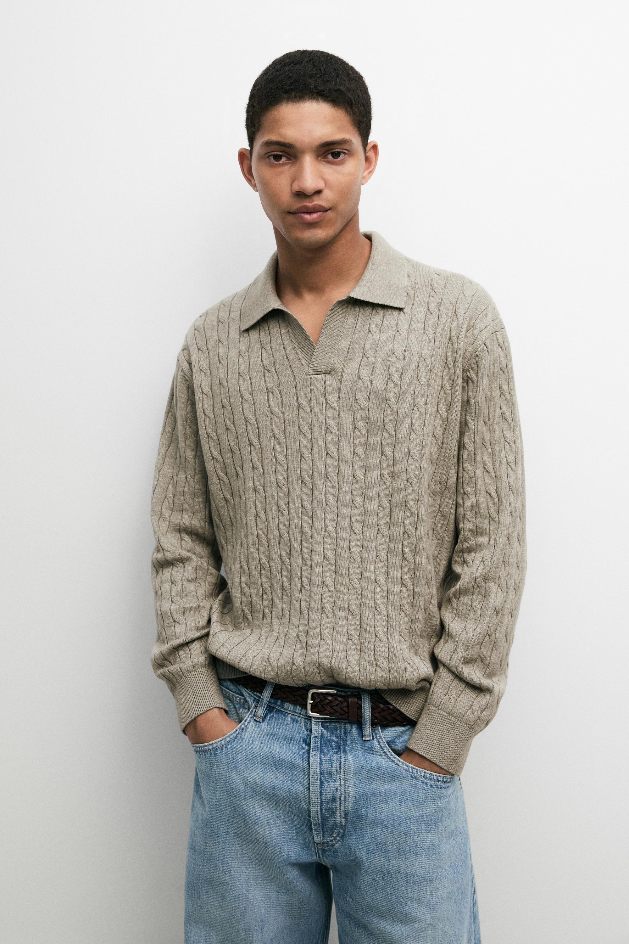 100% Cotton Cable-Knit Polo Sweater — Greyish green
