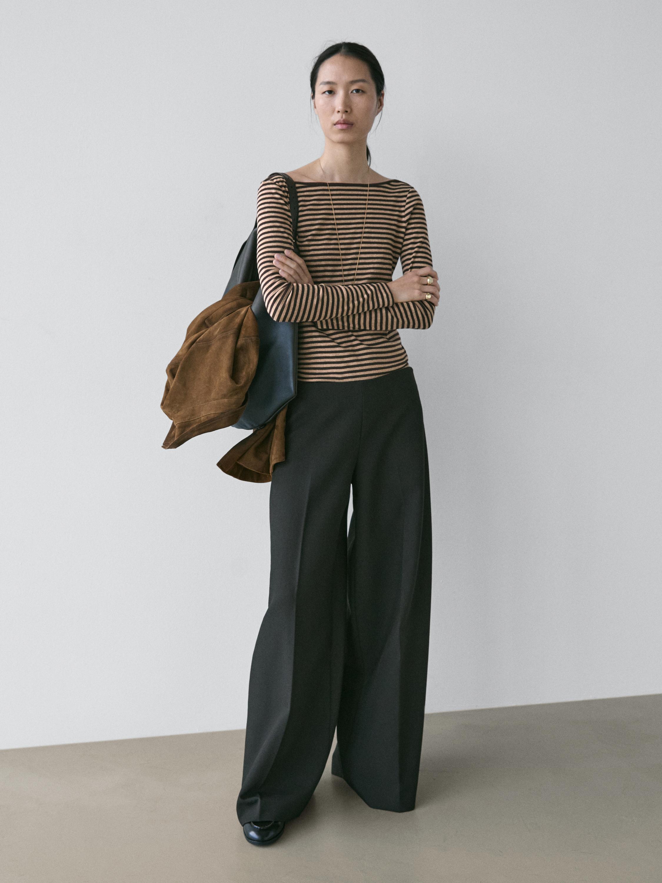 Striped long sleeve cotton T-shirt — BROWN