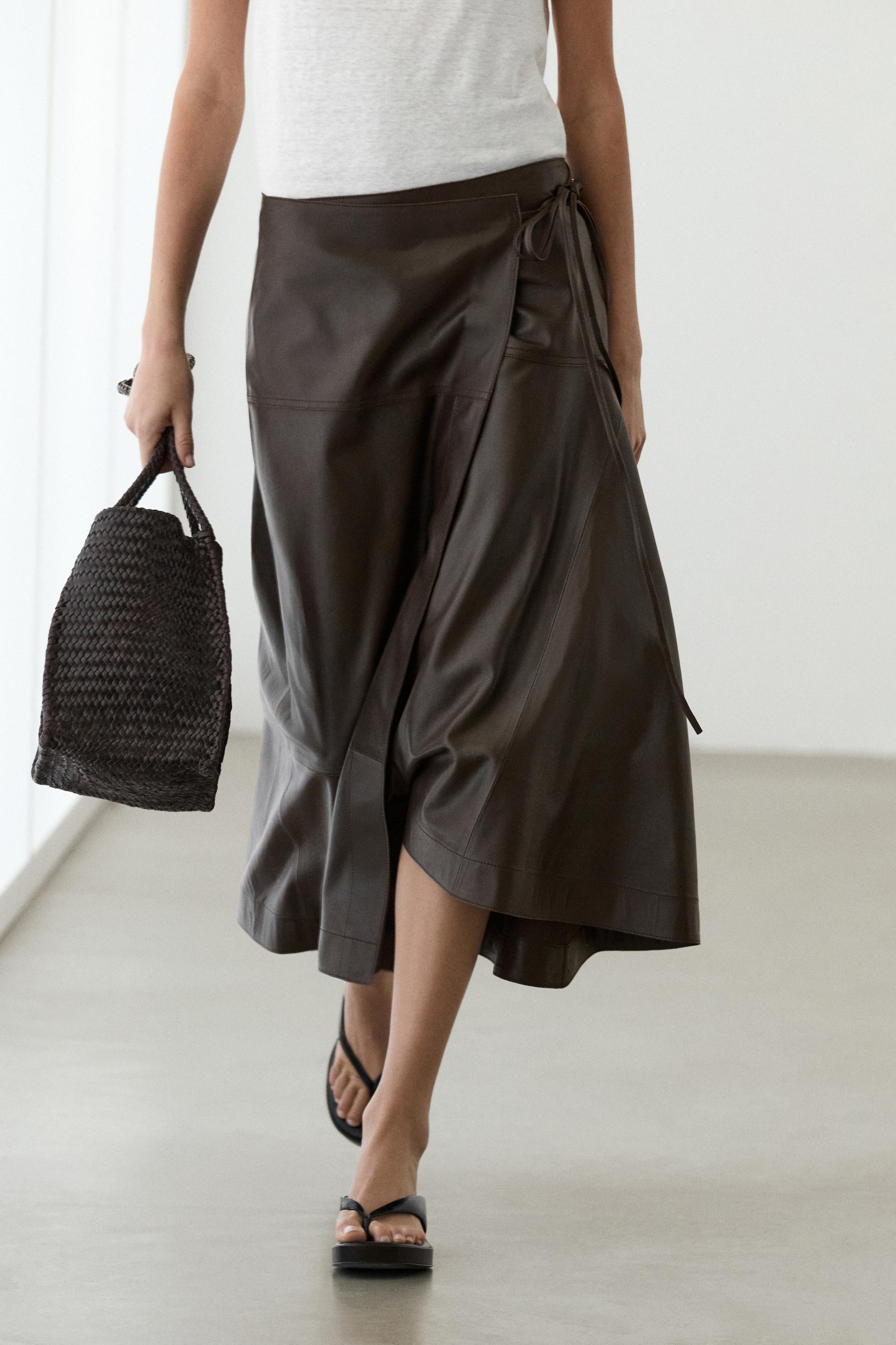 Nappa leather midi skirt with tie detail — BROWN