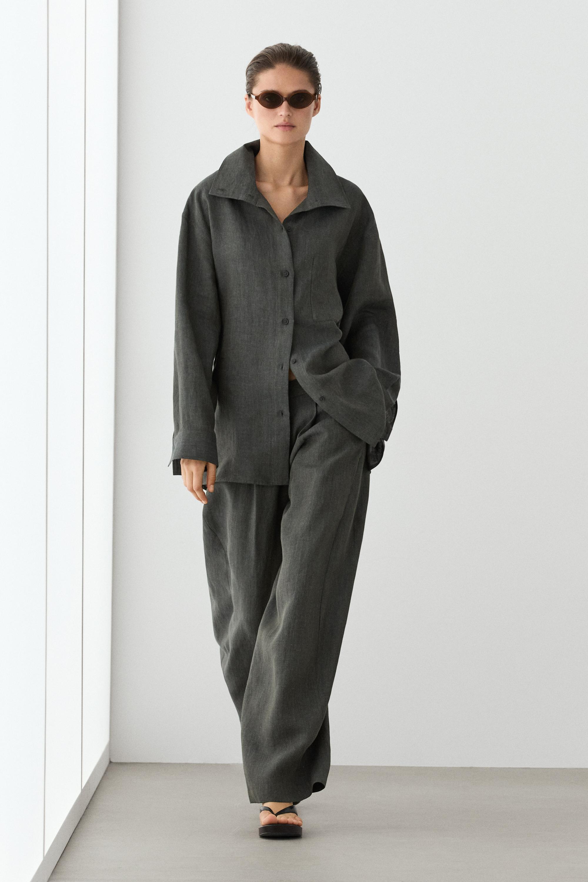 Melange linen overshirt with buckles — BLUISH GREEN