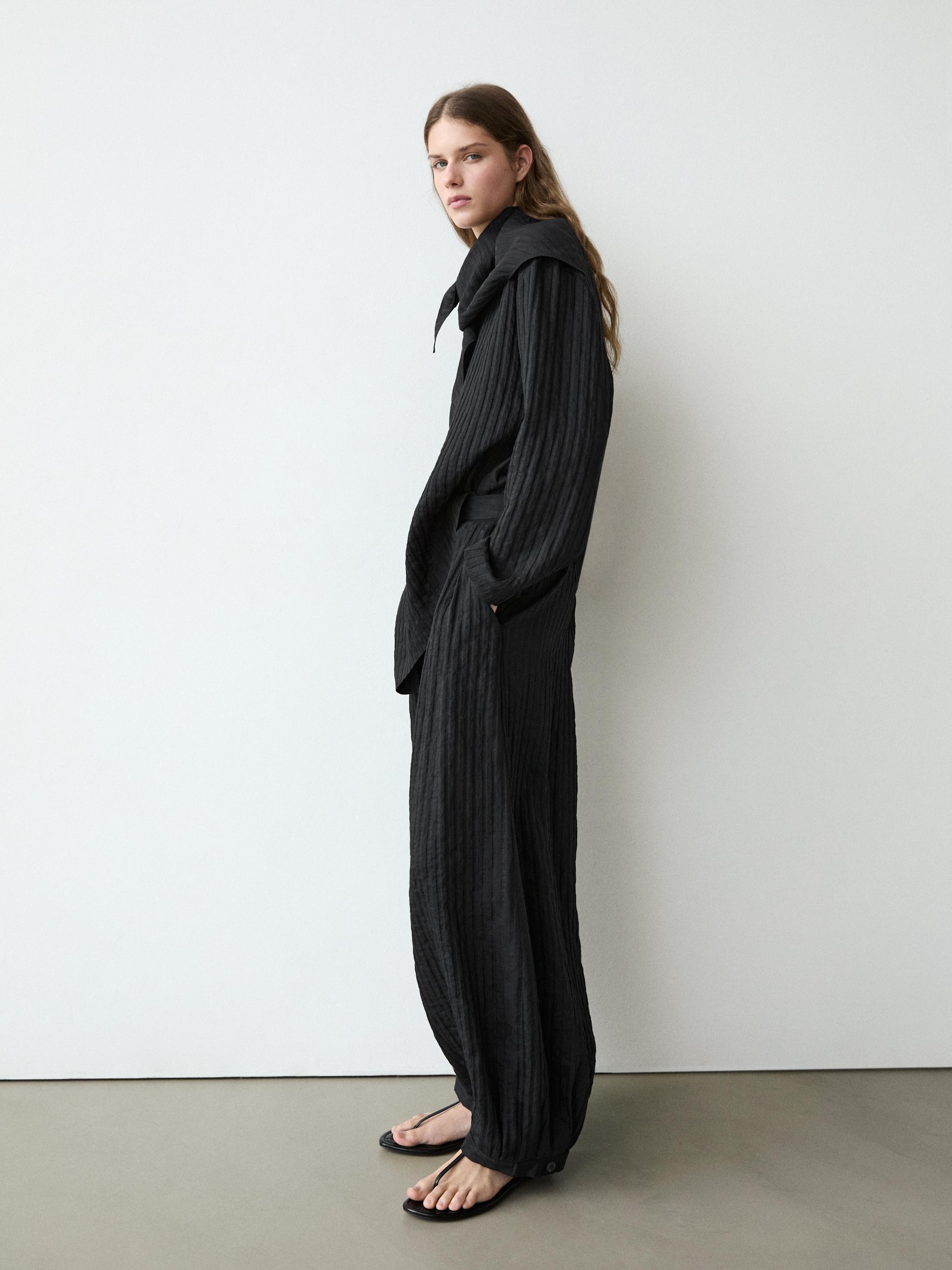Striped flowing shirt with scarf detail — BLACK