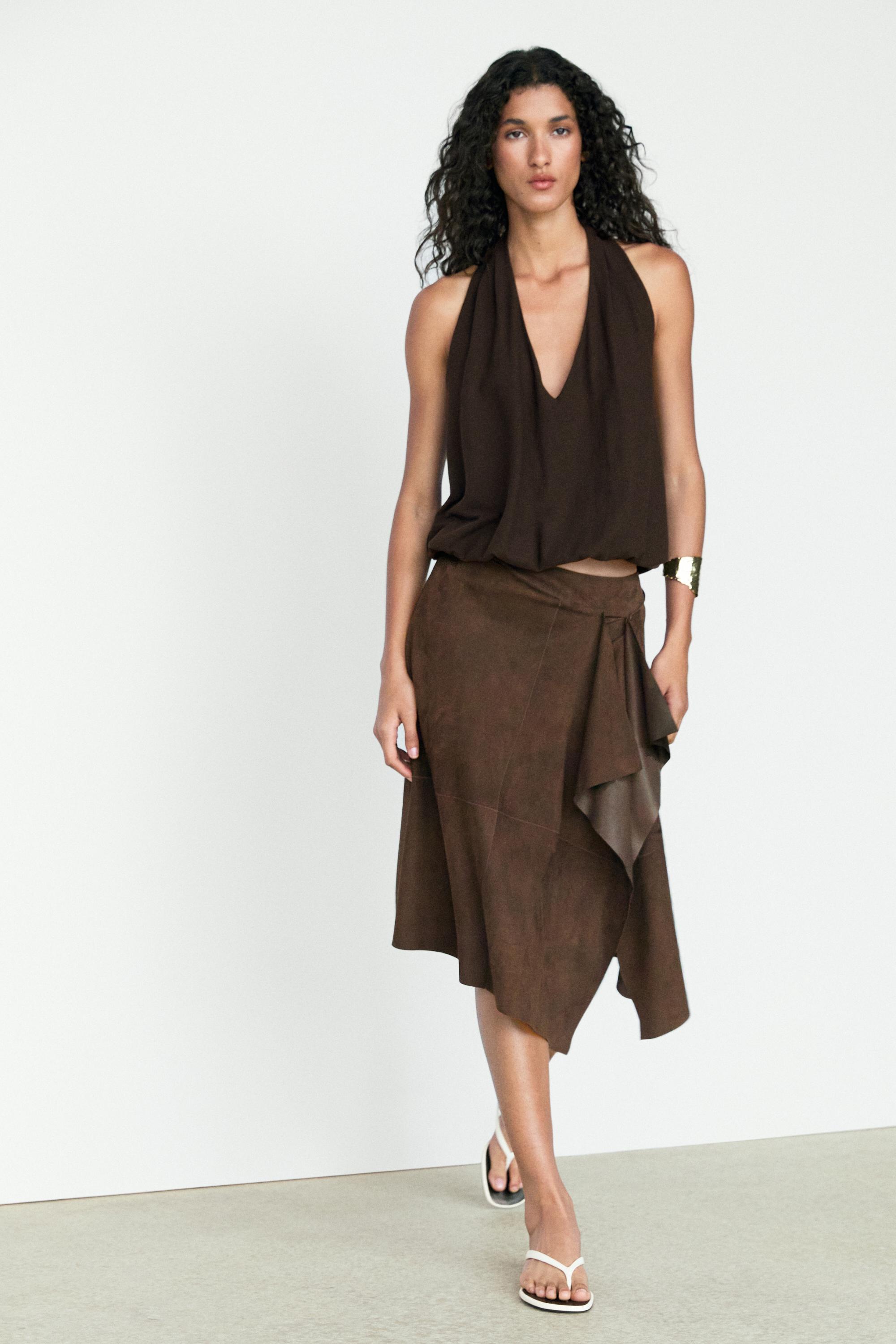 Suede leather midi skirt with ruffle detail — BROWN