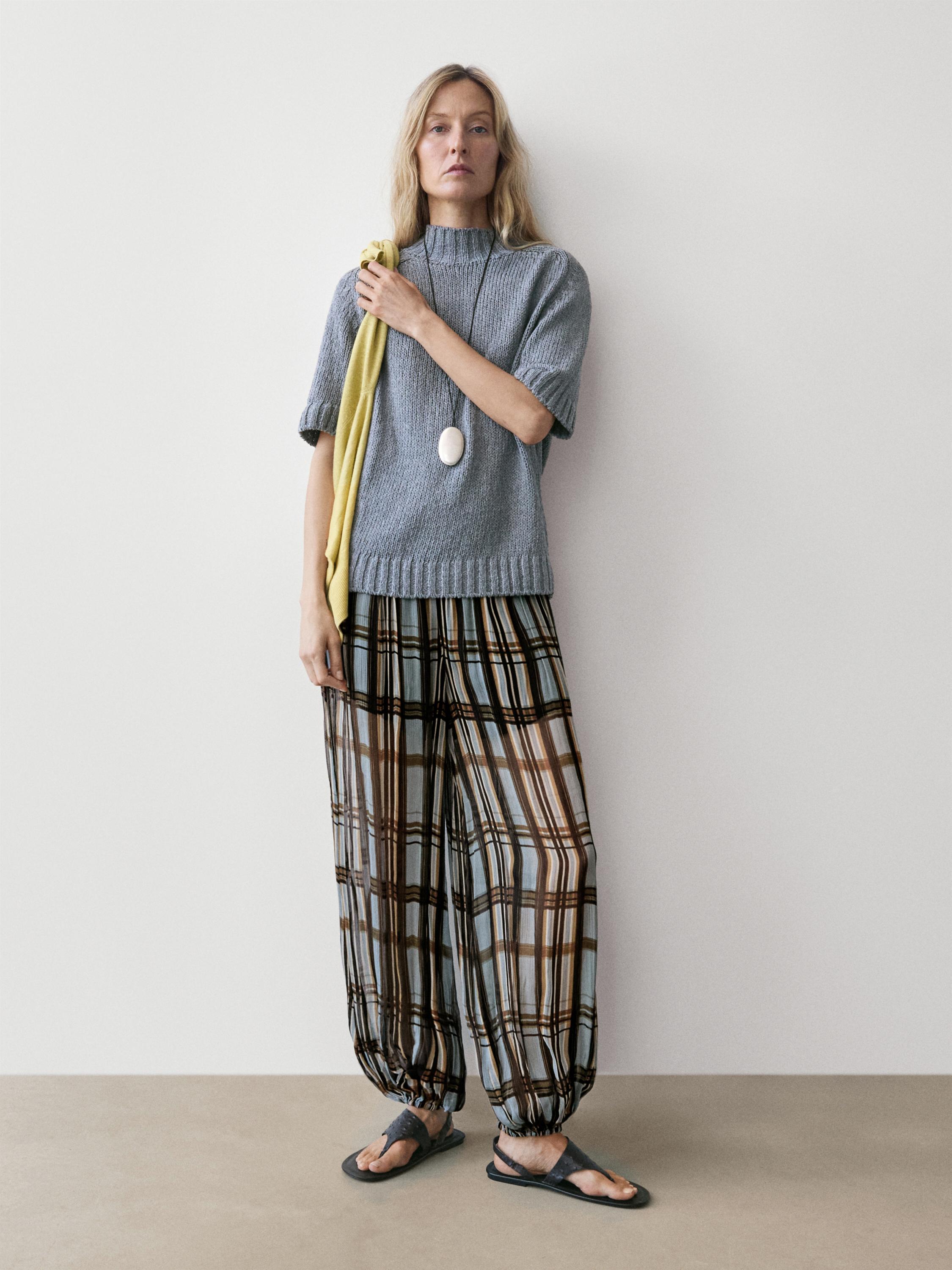 Flowing check printed sarouel trousers — Light Blue