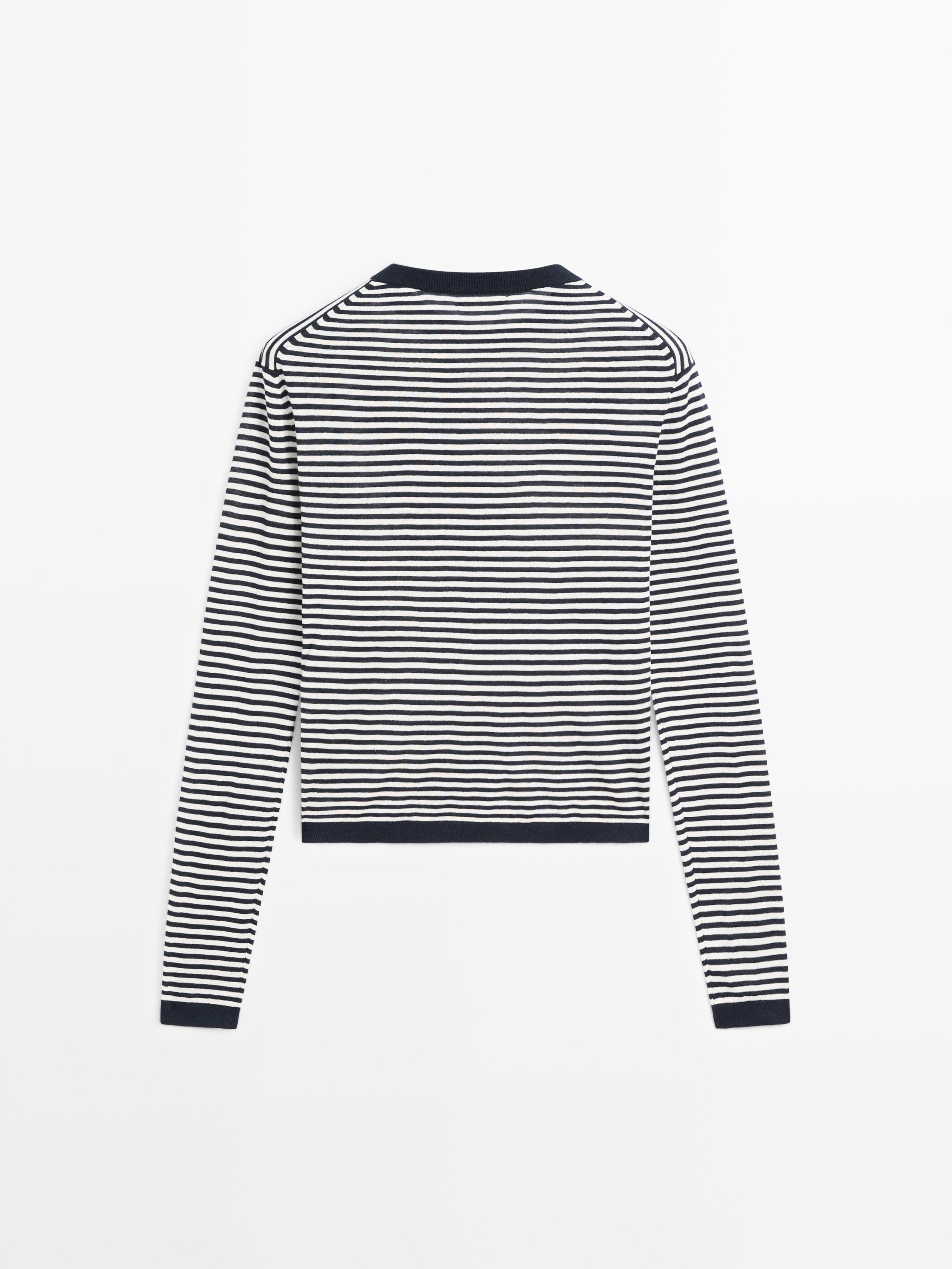 Pamuk ipek karışımlı çizgili triko kazak