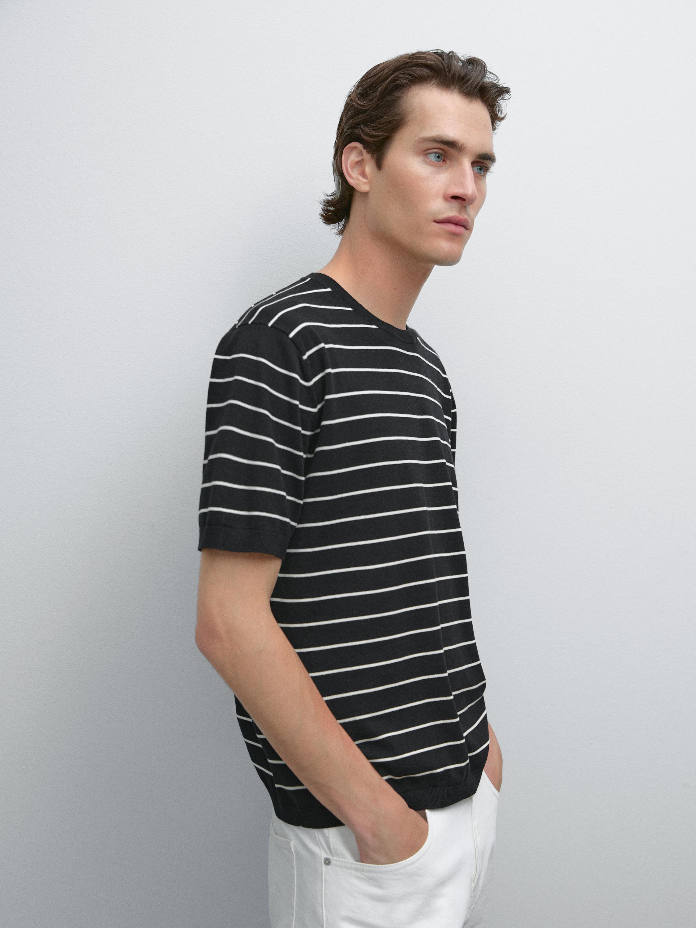 100% cotton striped knit T-shirt · Navy Blue · Sweaters Massimo