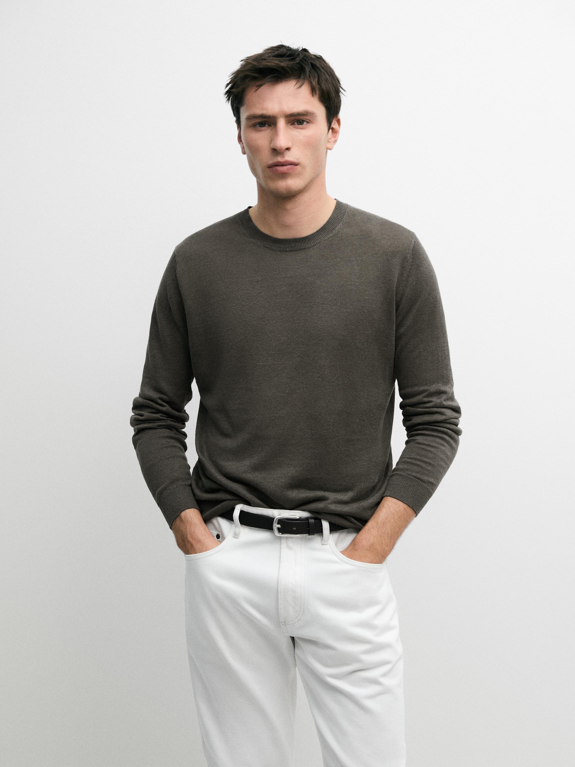 100% linen knit crew neck sweater — Powder