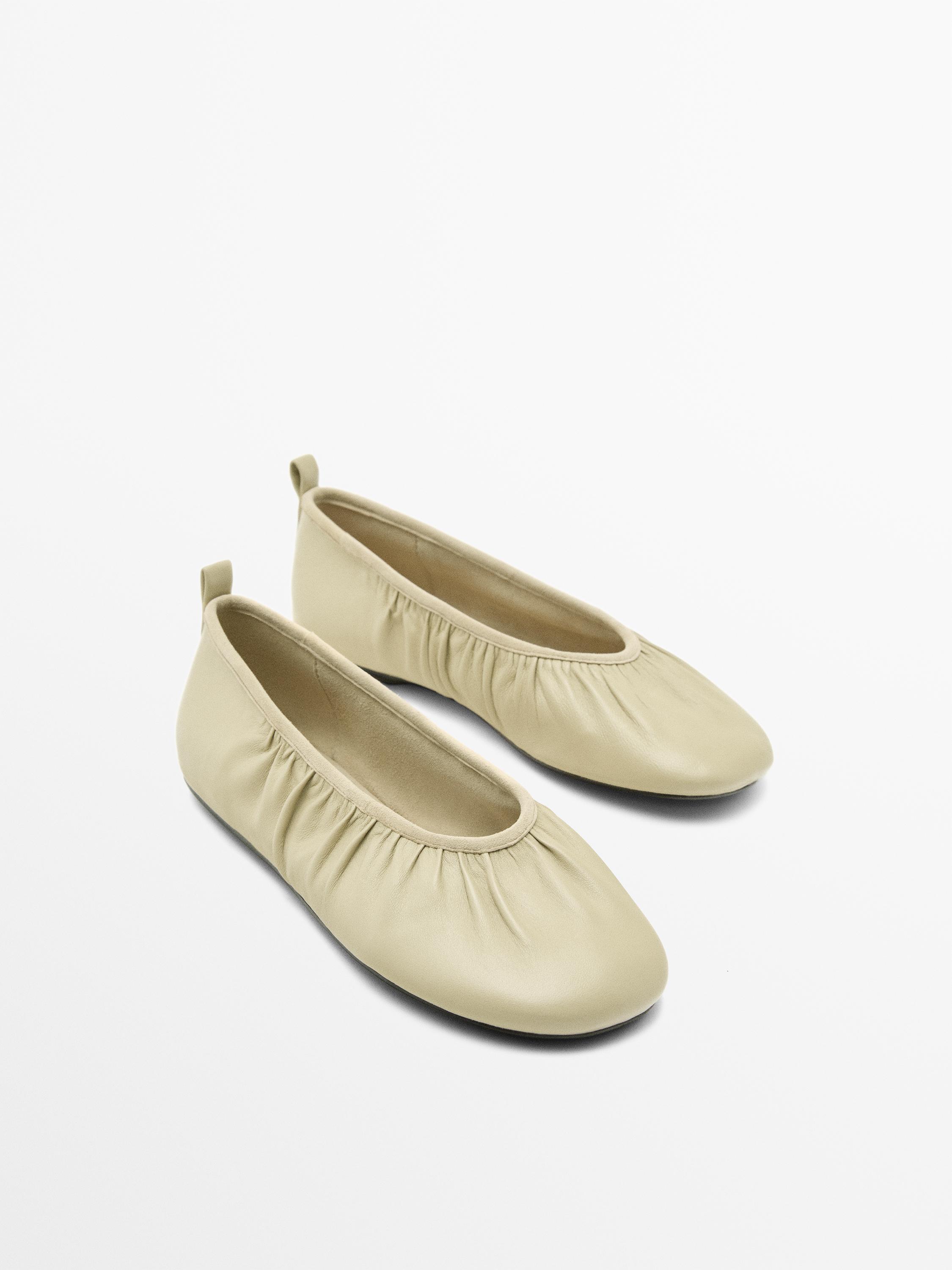 Soft leather ballet flats with gathered detail — BEIGE
