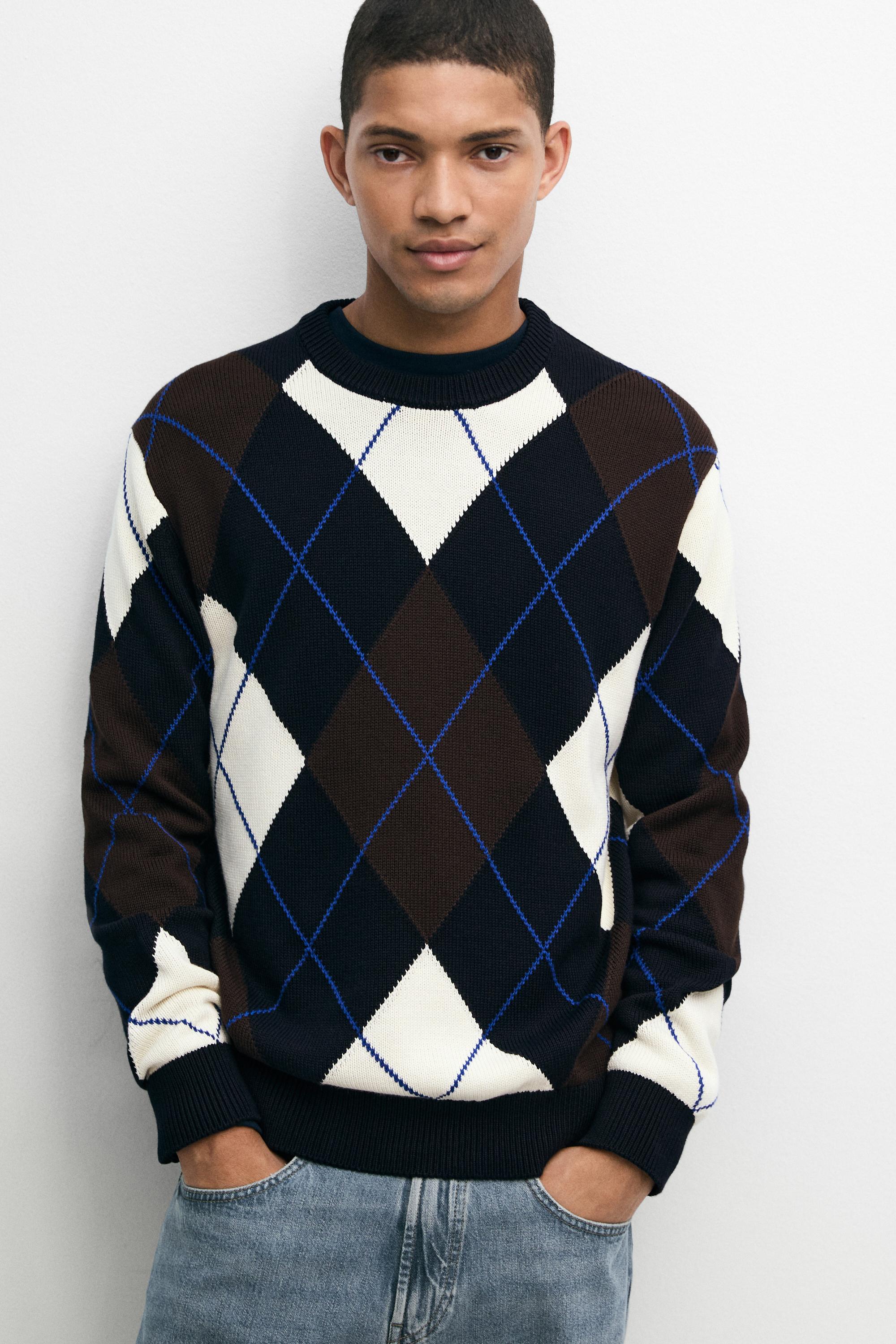 100% Cotton Argyle Knit Sweater — NAVY BLUE