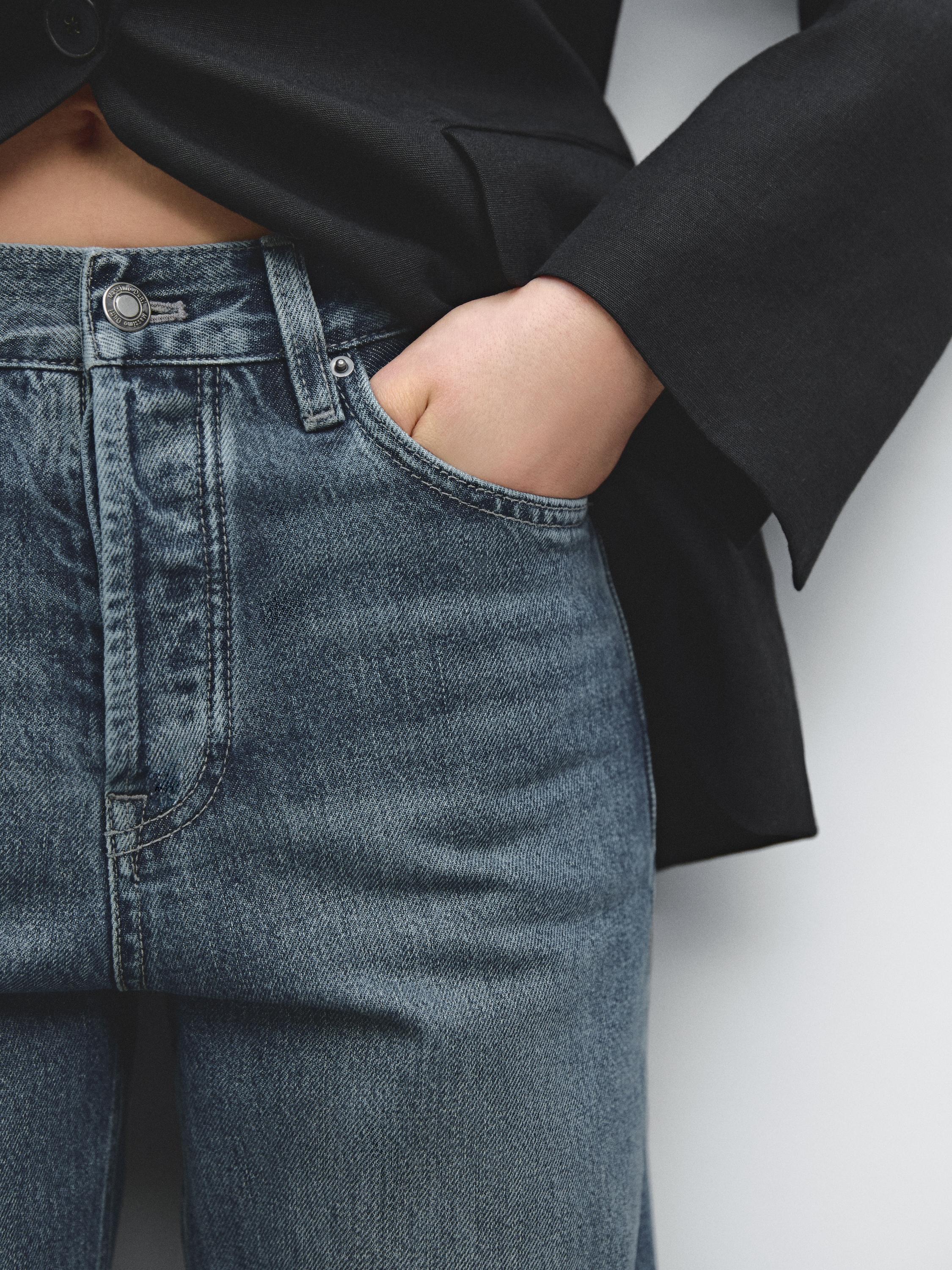 Cotton blend high-waist straight-leg jeans