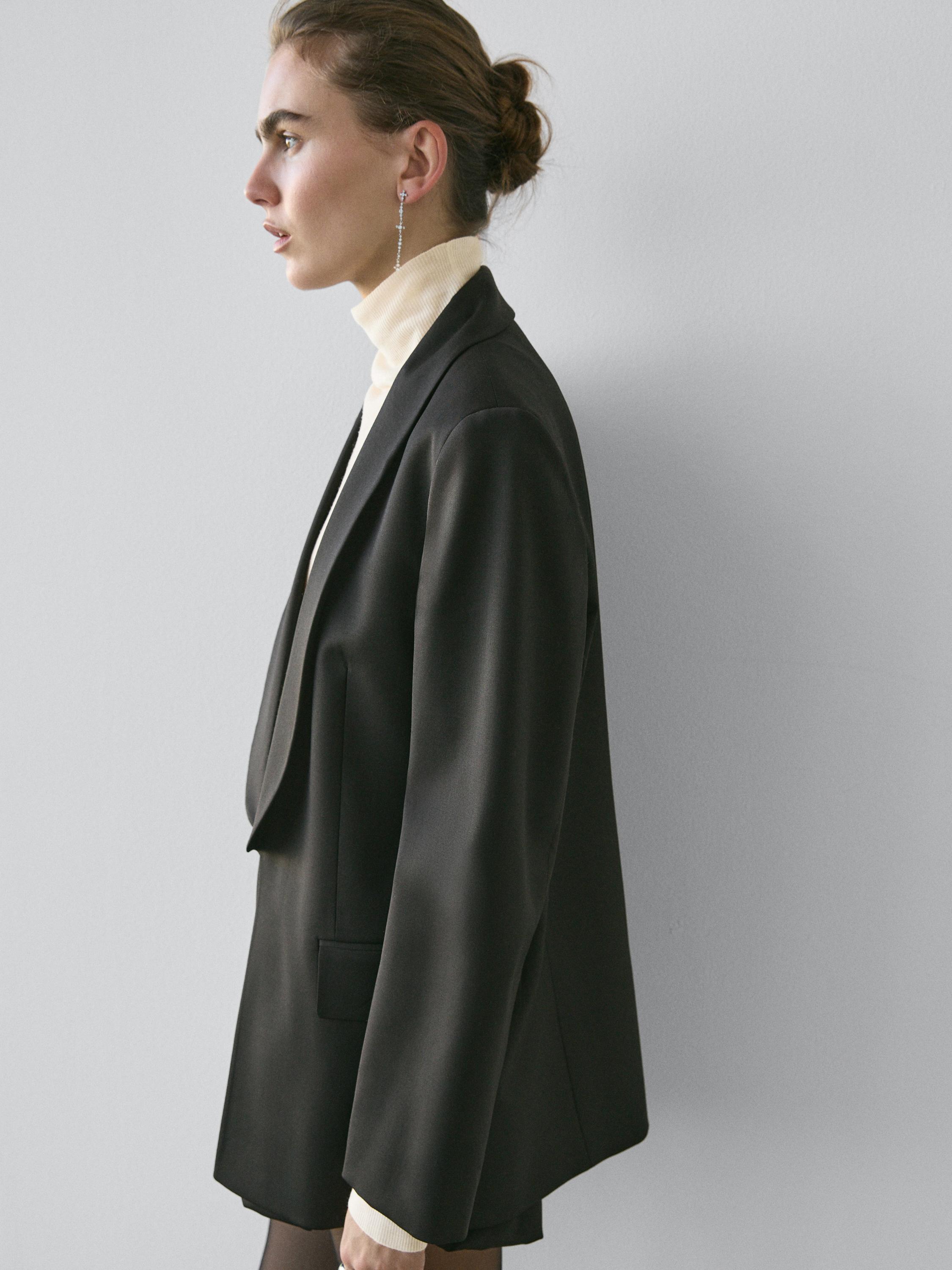 Wool blend blazer with lapel detail - STUDIO — BLACK