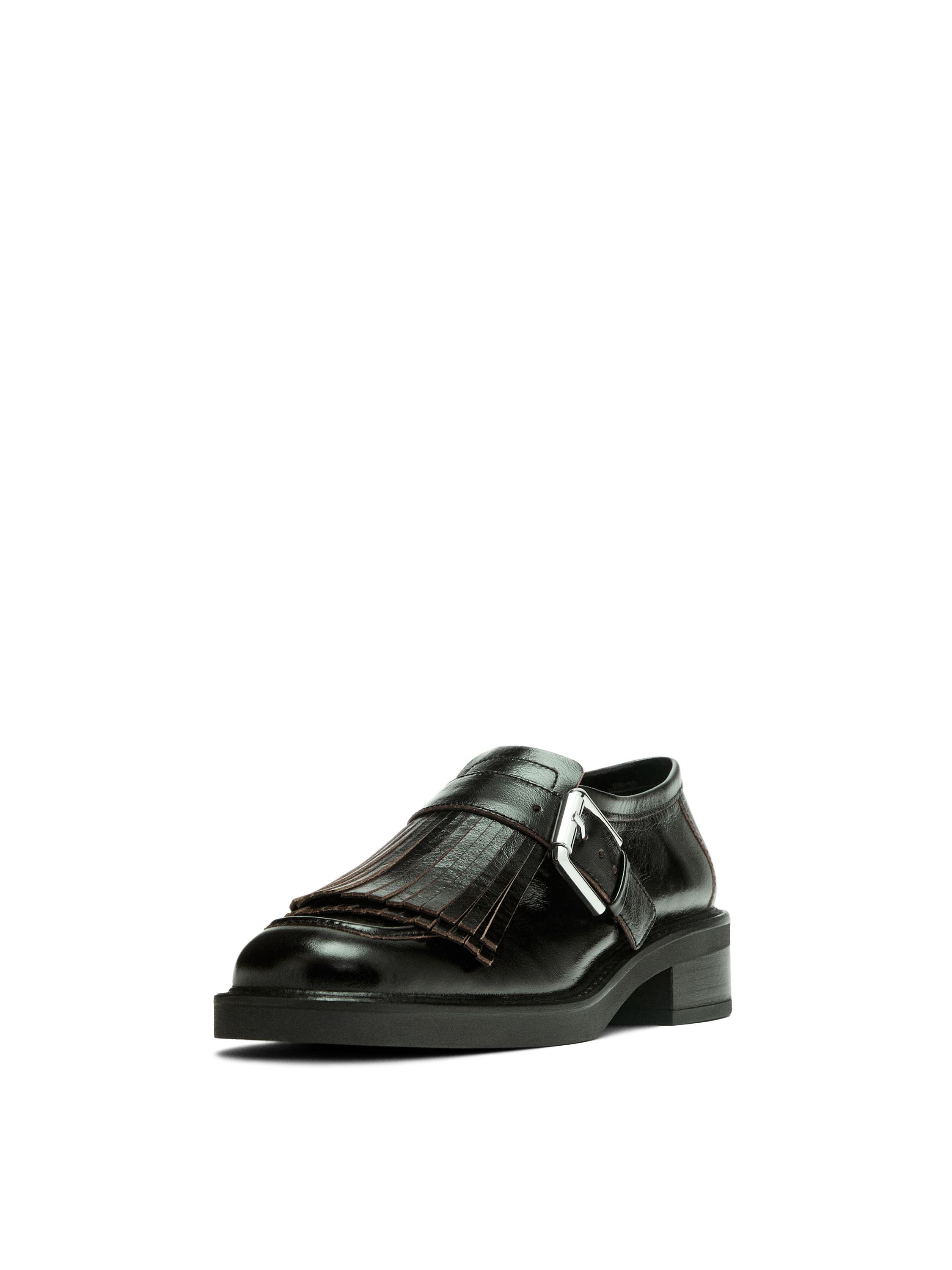 Buckled derby shoes with fringe — BLACK