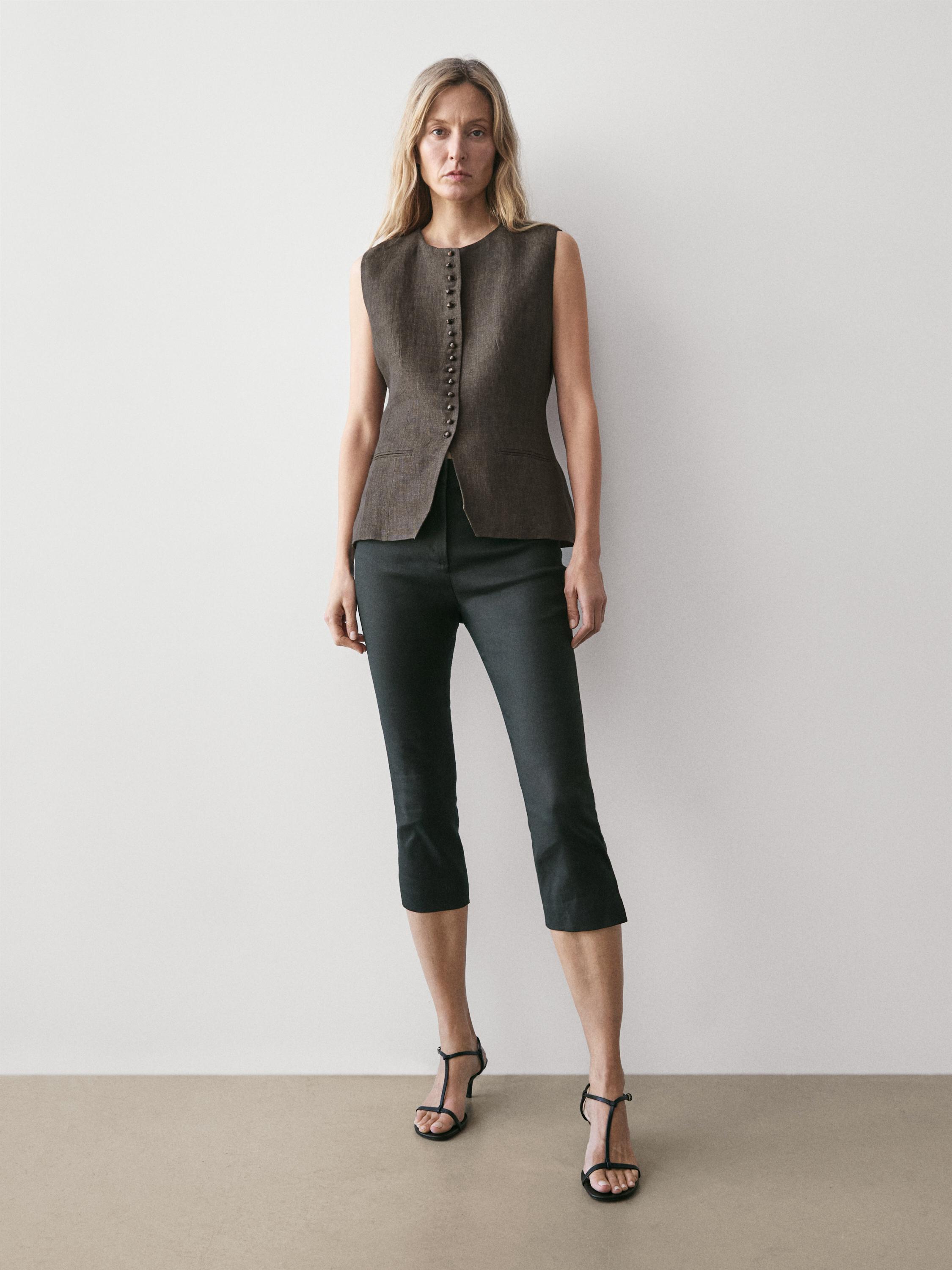 100% linen vest with button detail — Chocolate