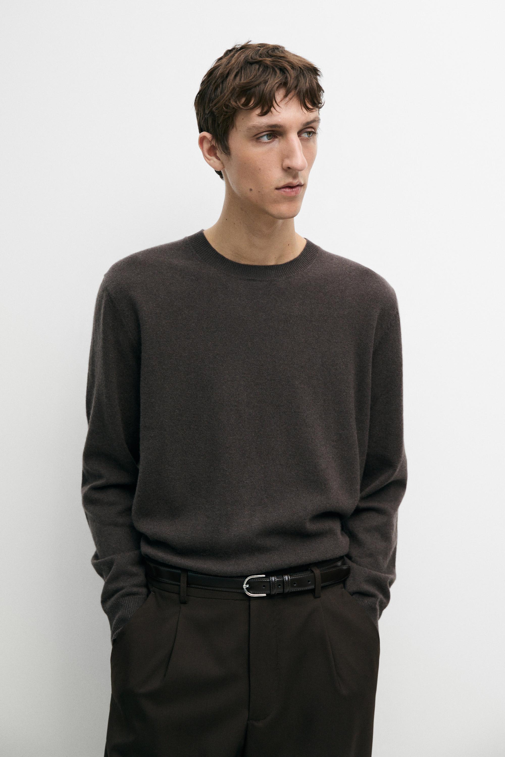 Wool blend round neck knit sweater — BROWN