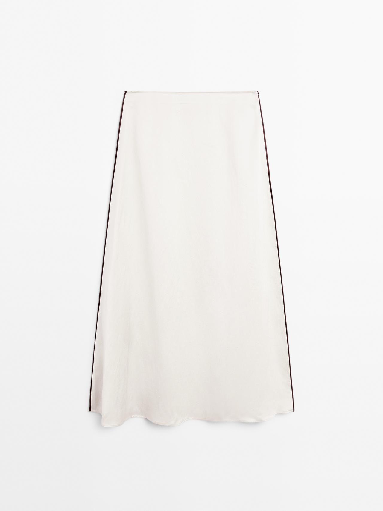 Massimo Dutti - Dame - Midinederdel I Satin Med Pynt - Råhvid - 34