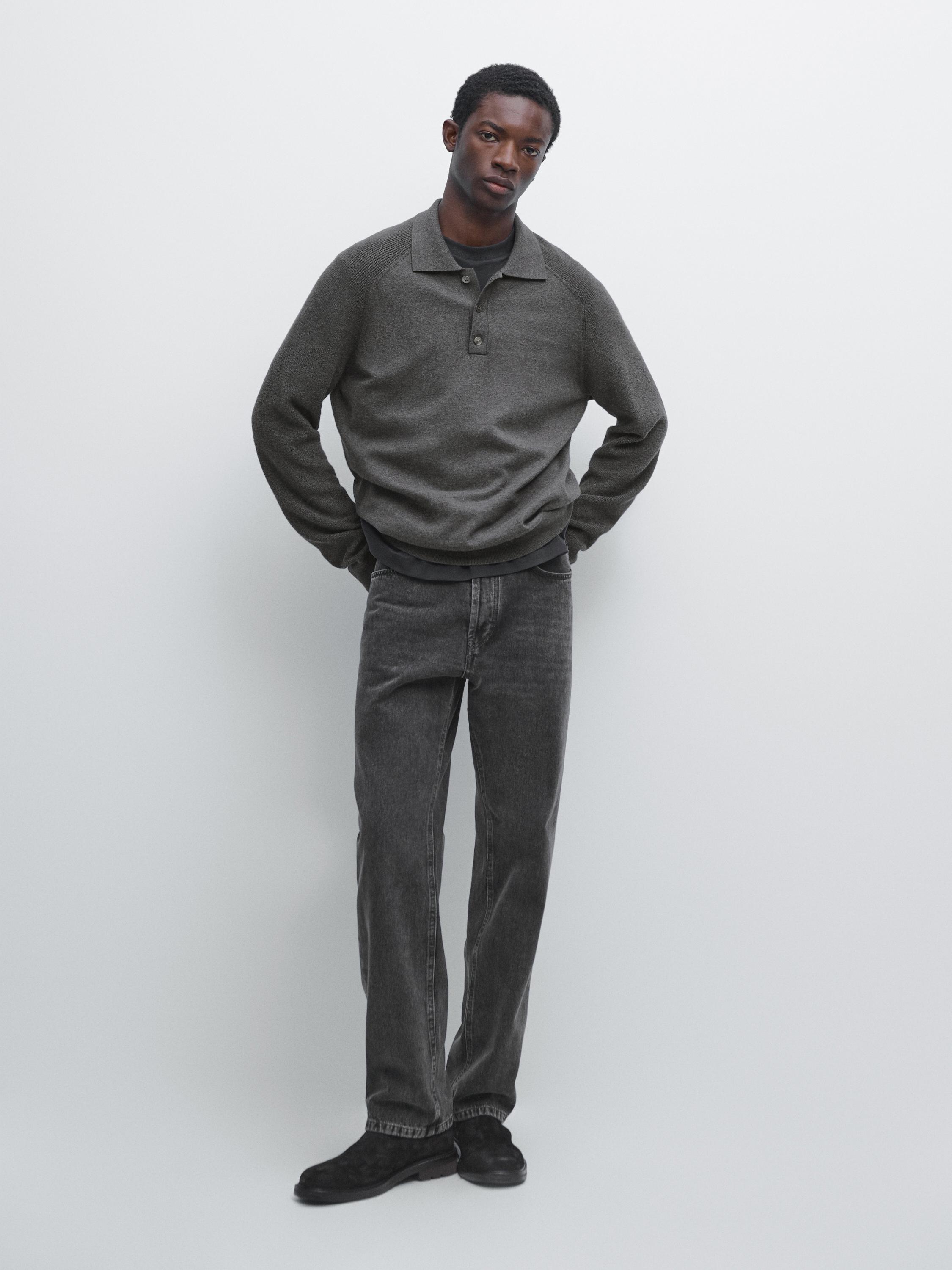 Cotton blend knit polo sweater — MEDIUM GREY