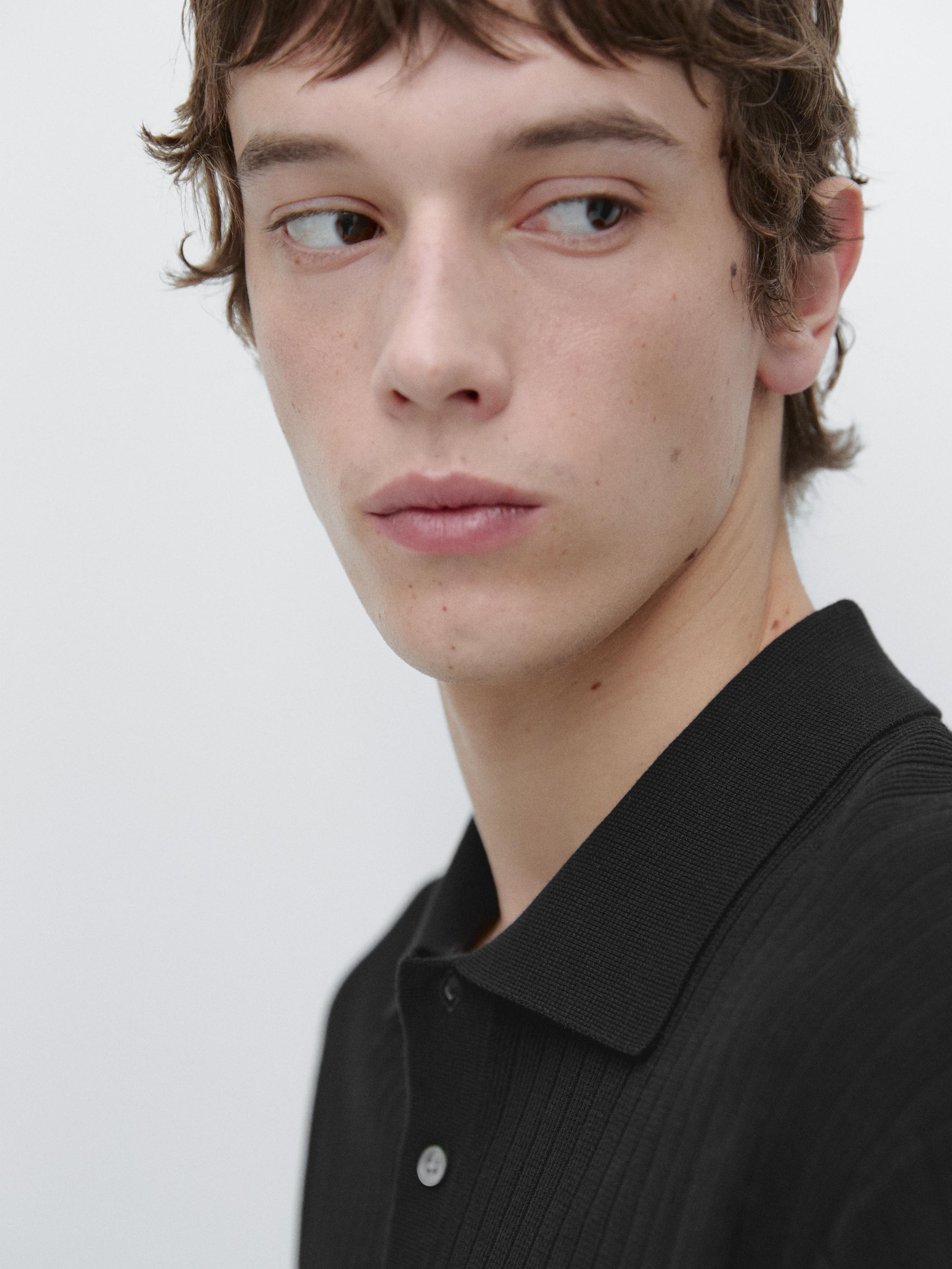 Ribbed knit cotton polo shirt — BLACK