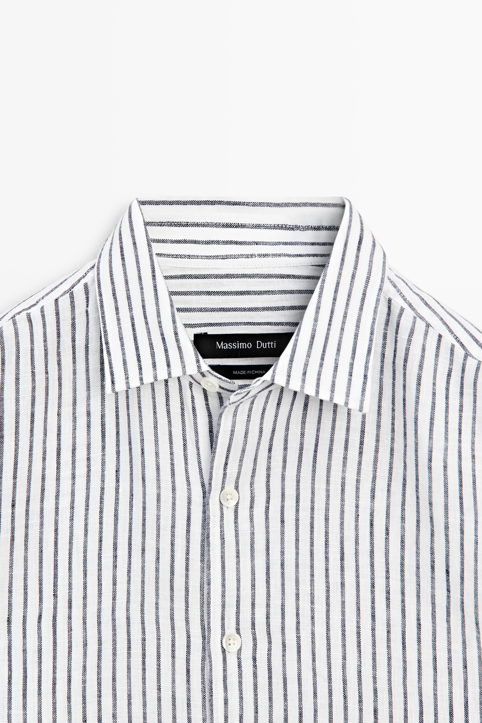 Regular fit 100% linen striped shirt — NAVY BLUE