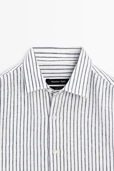 Regular fit 100% linen striped shirt — NAVY BLUE 9
