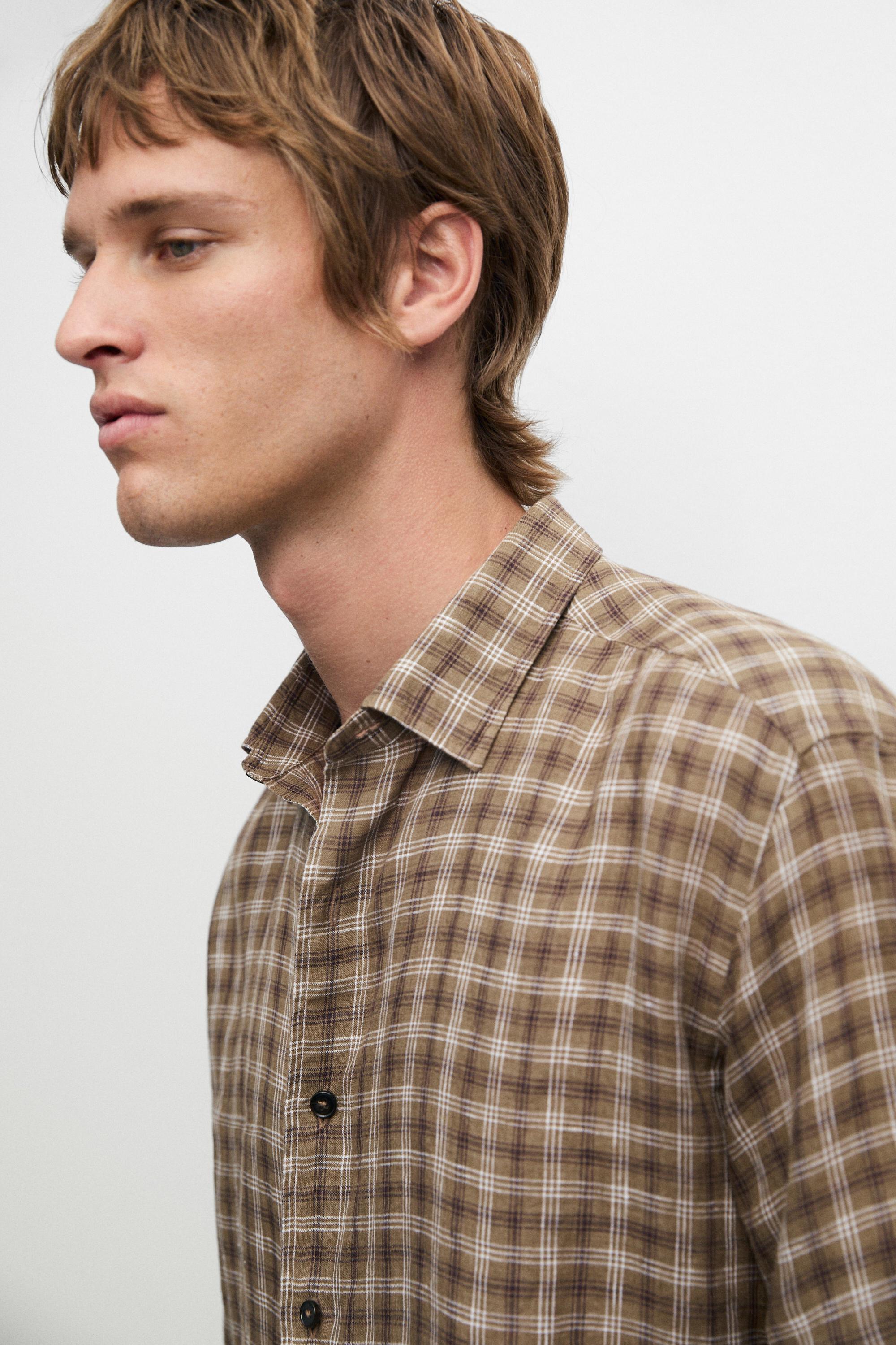 100% linen regular fit check shirt — BROWN MARL