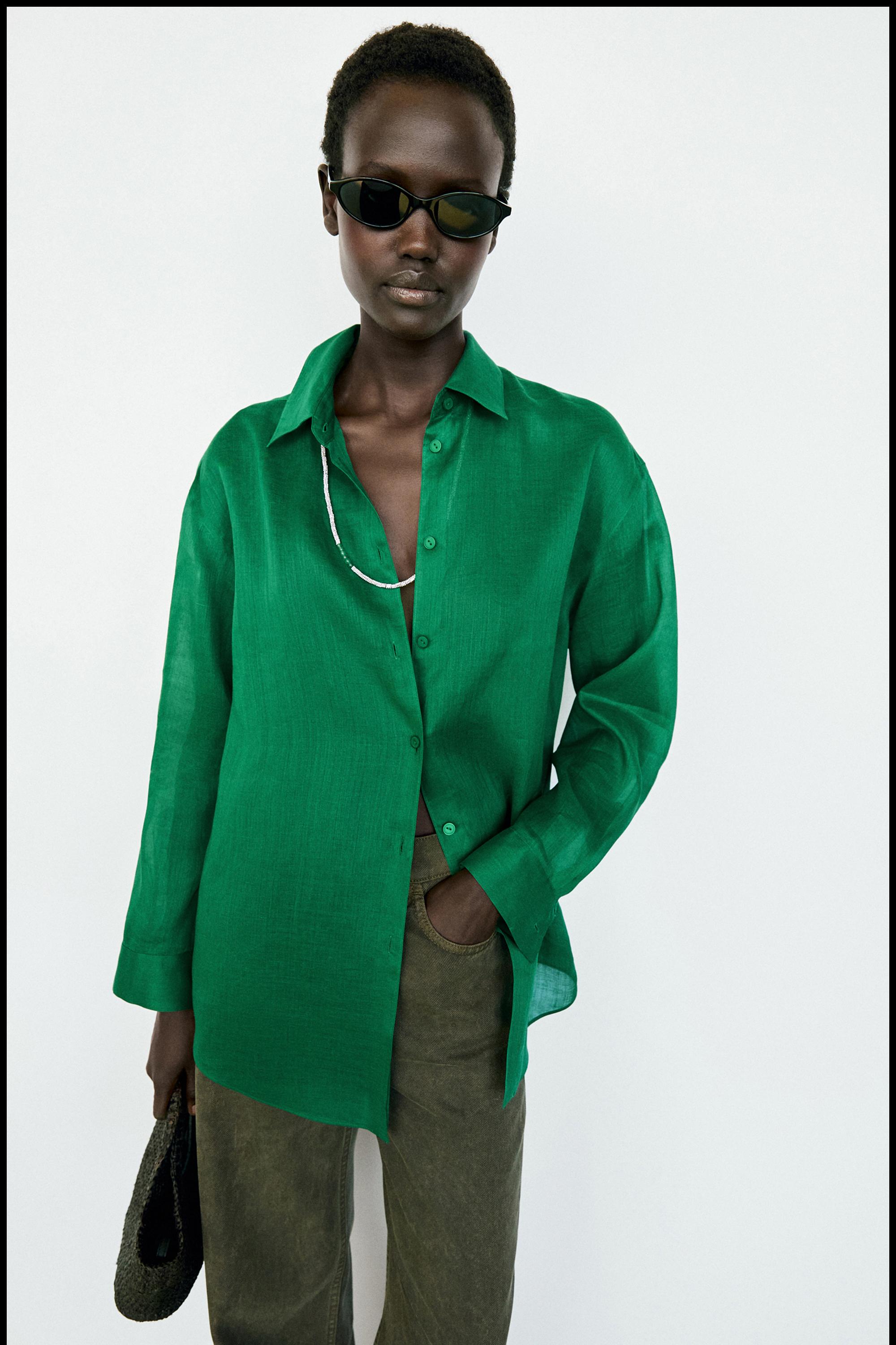 100% ramie flowing long shirt — GREEN