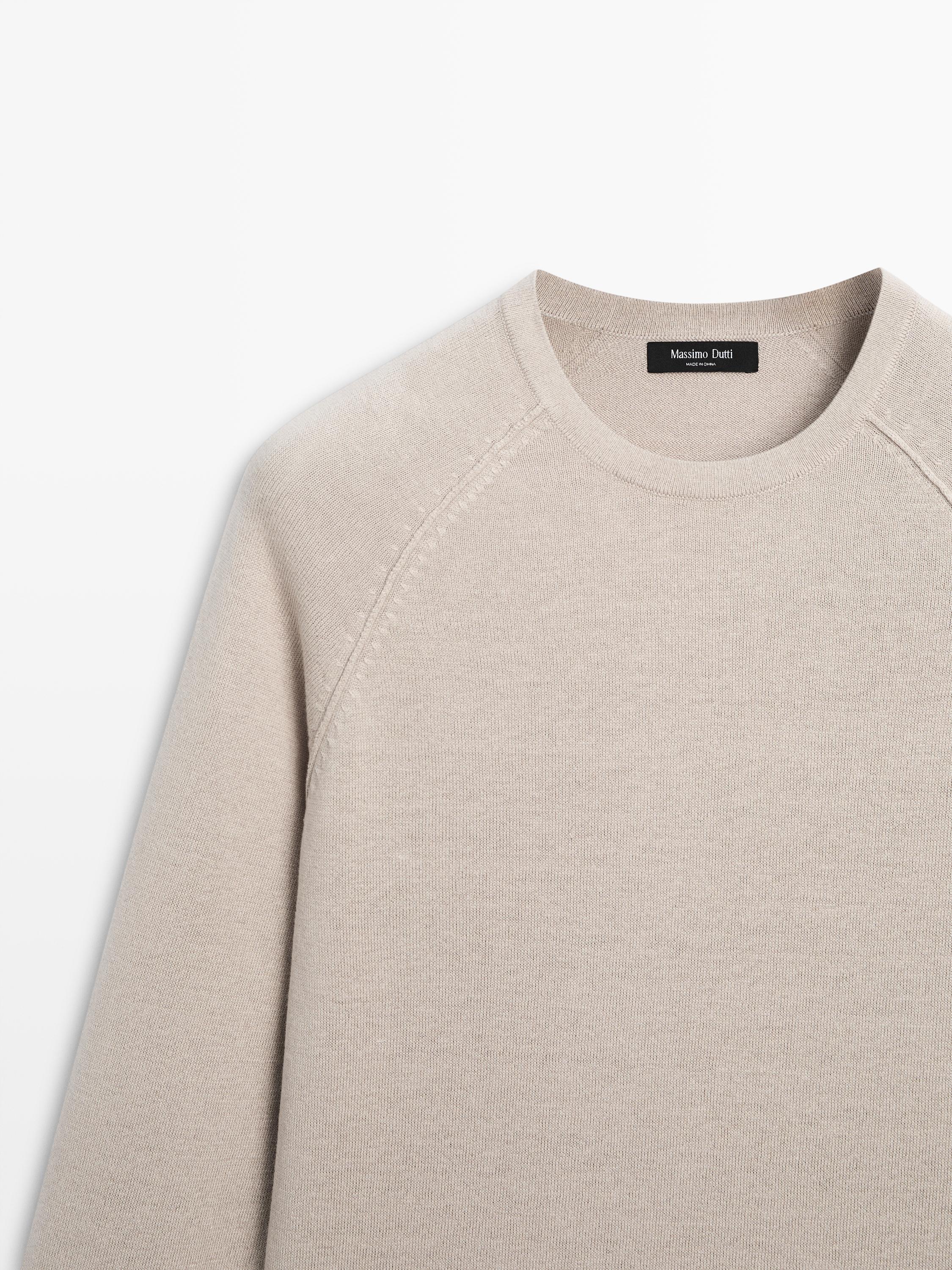 Linen blend knit crew neck sweater — BEIGE