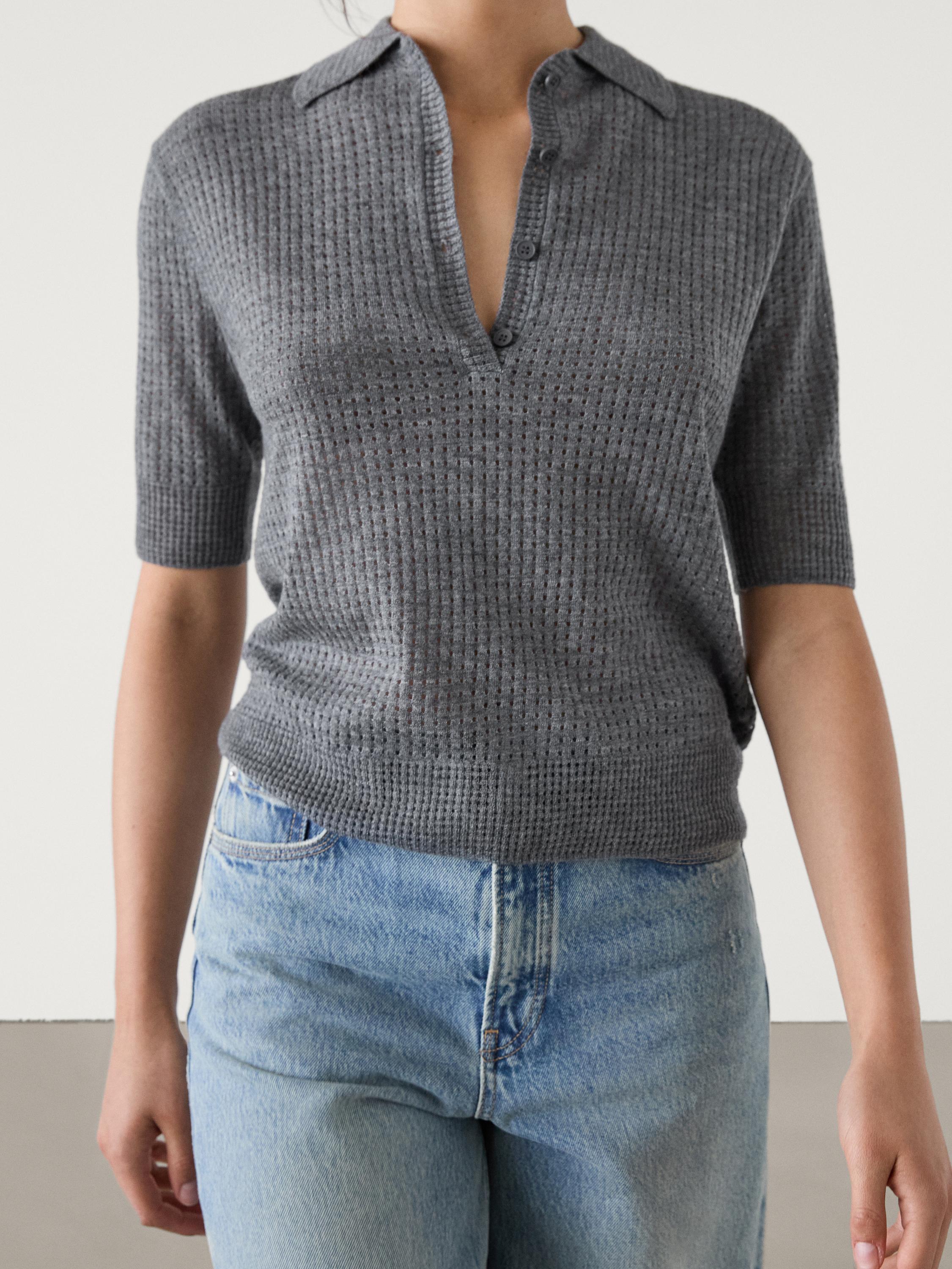 Cutwork sweater with polo collar