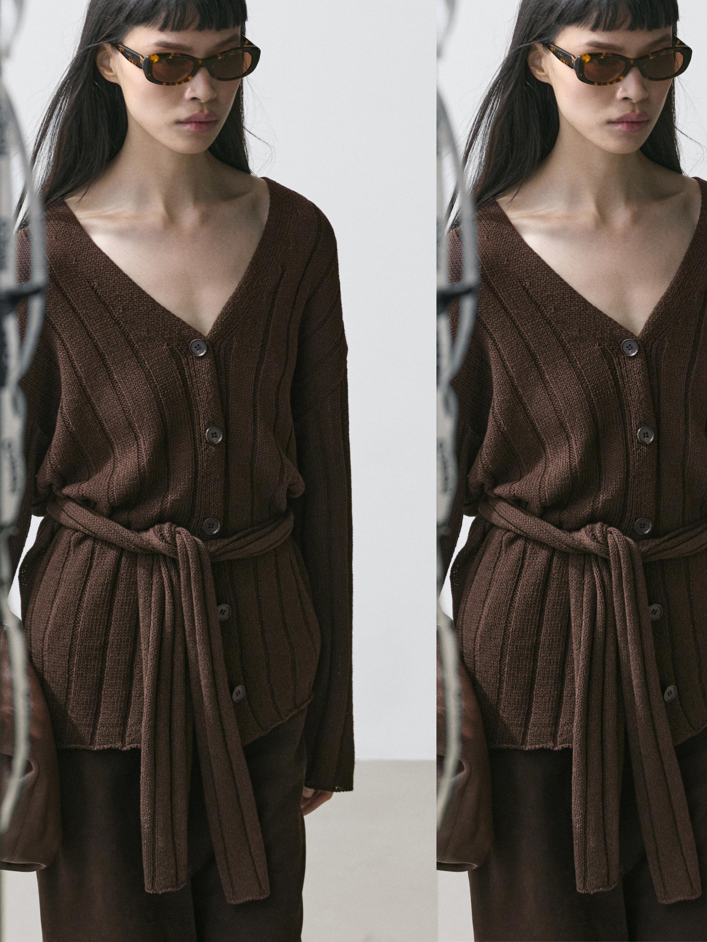 Knit cardigan with waist detail — Chocolate