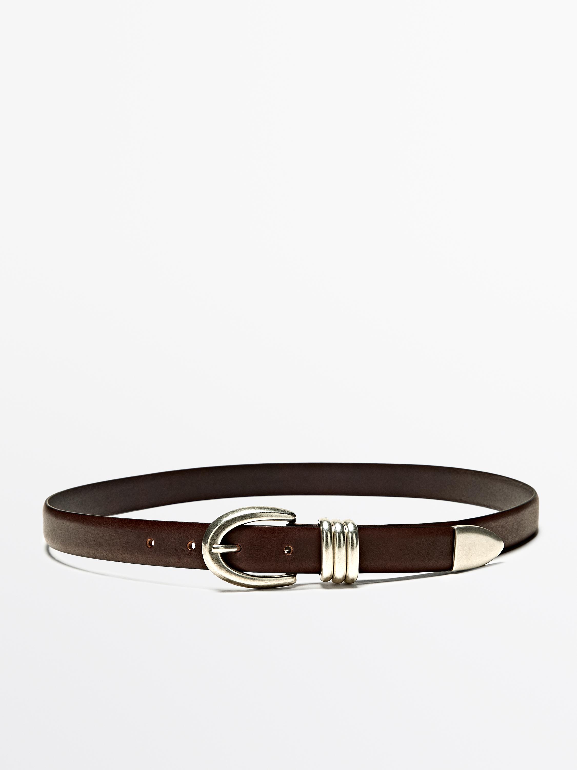 Nappa leather belt with metal detail — BROWN