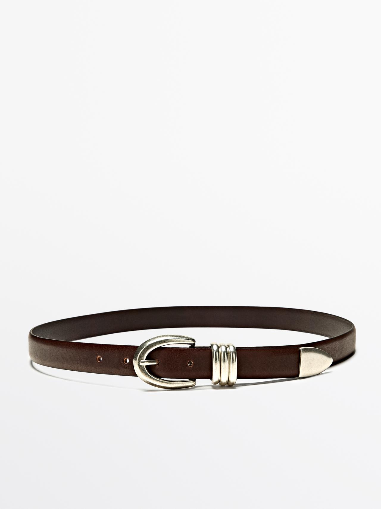 Nappa leather belt with metal detail — BROWN