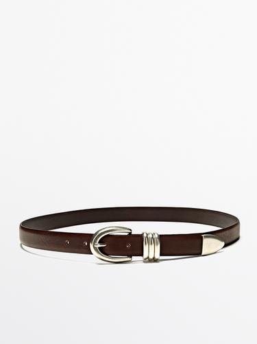Nappa leather belt with metal detail — BROWN 1