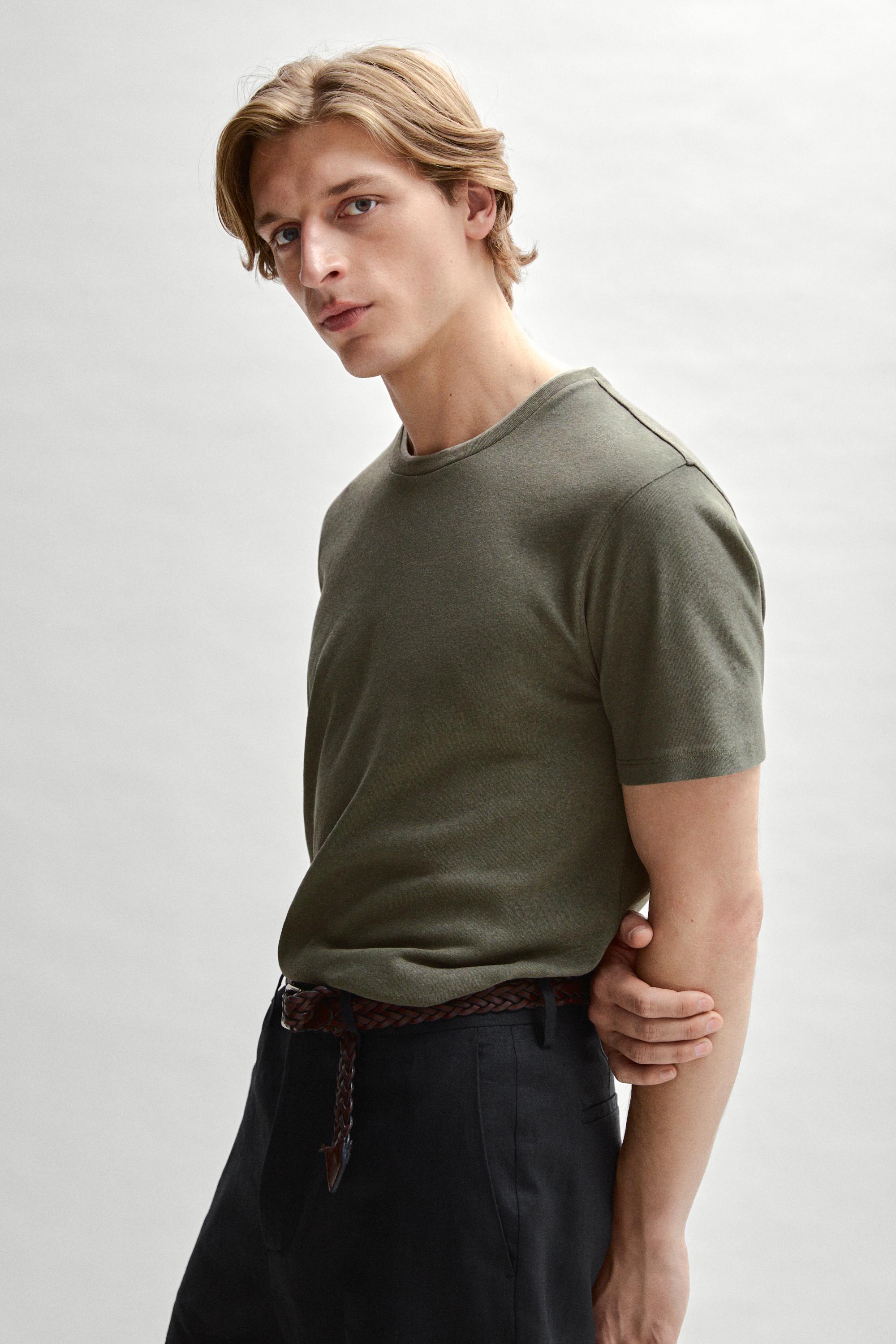 Linen and cotton double-collar T-shirt — KHAKI