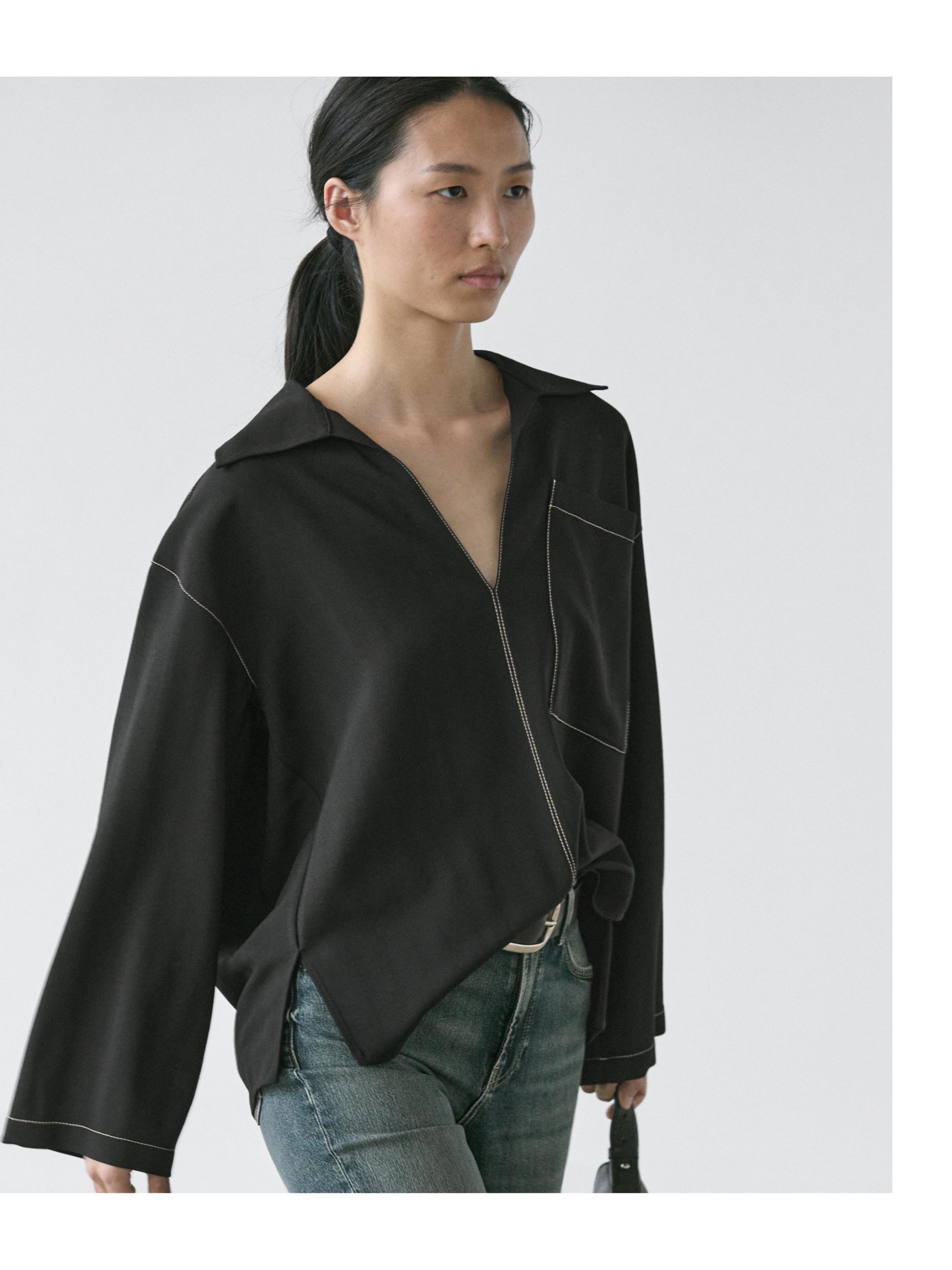 Flowing wool blend overshirt with pocket detail — BLACK