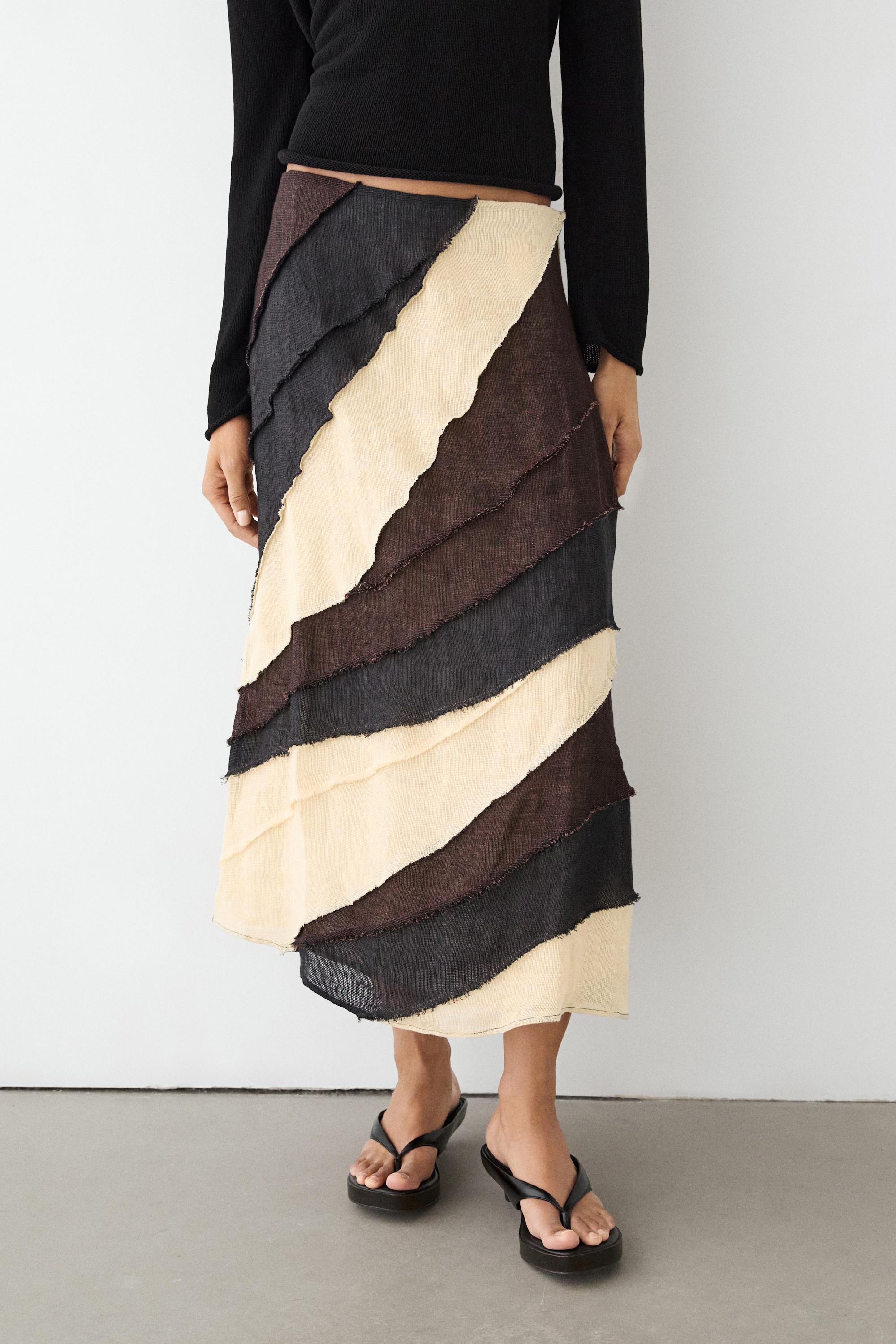 Layered contrast linen midi skirt — BROWN