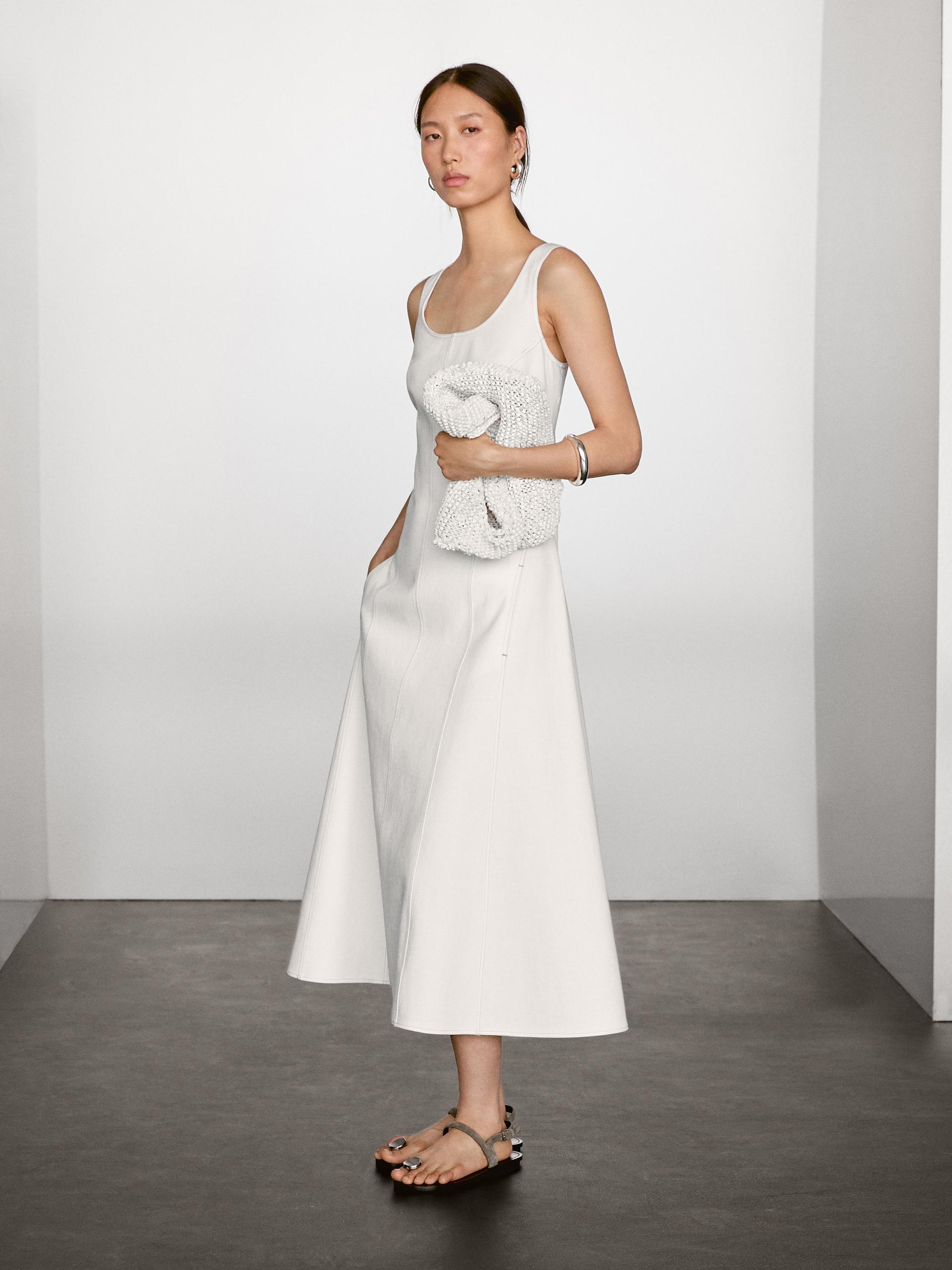 Massimo Dutti 100% Cotton Denim Midi Dress In White