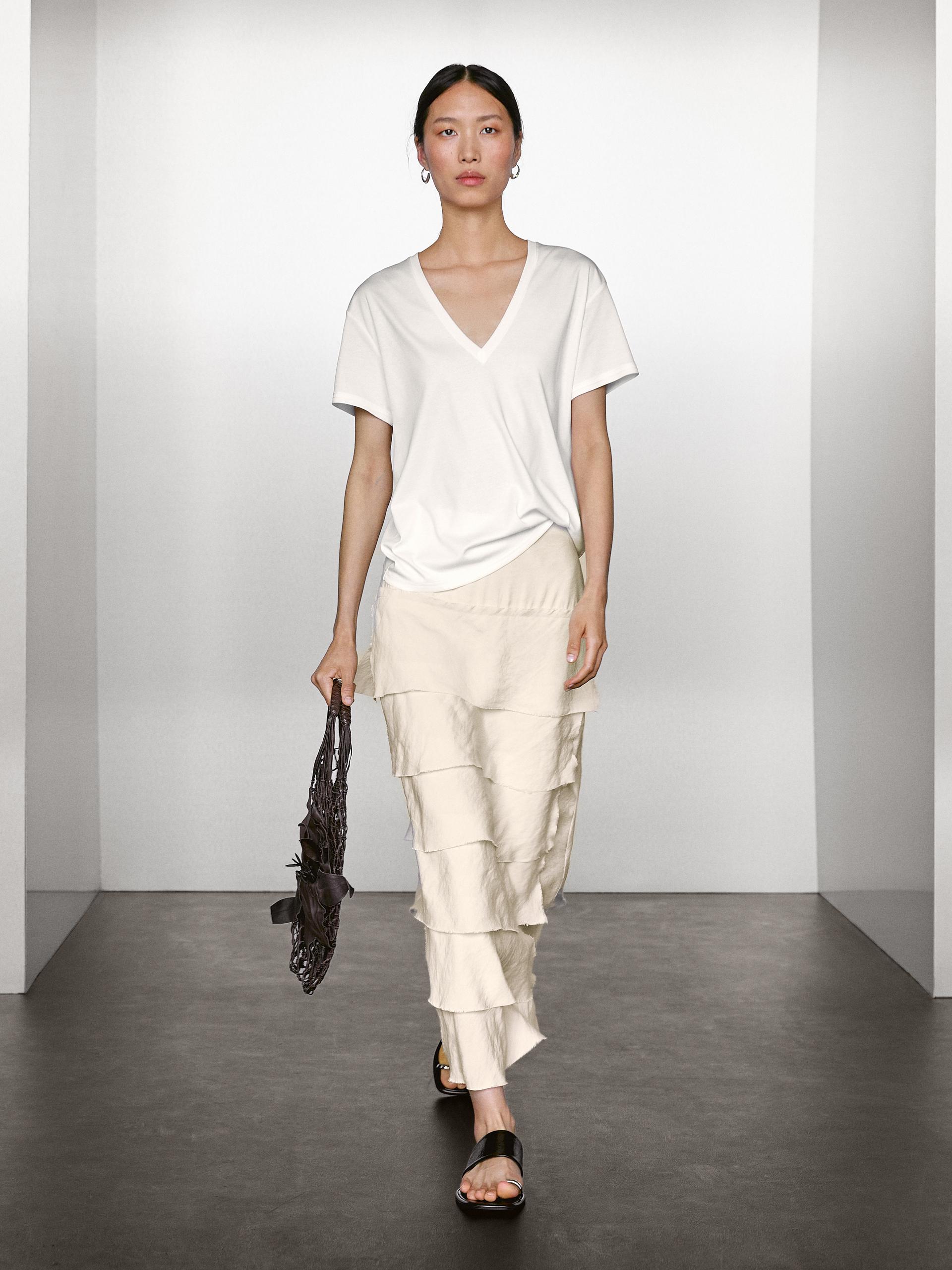 Maglietta Con Scollo A V Morbida - Bianco - Xs - Massimo Dutti - Femminile