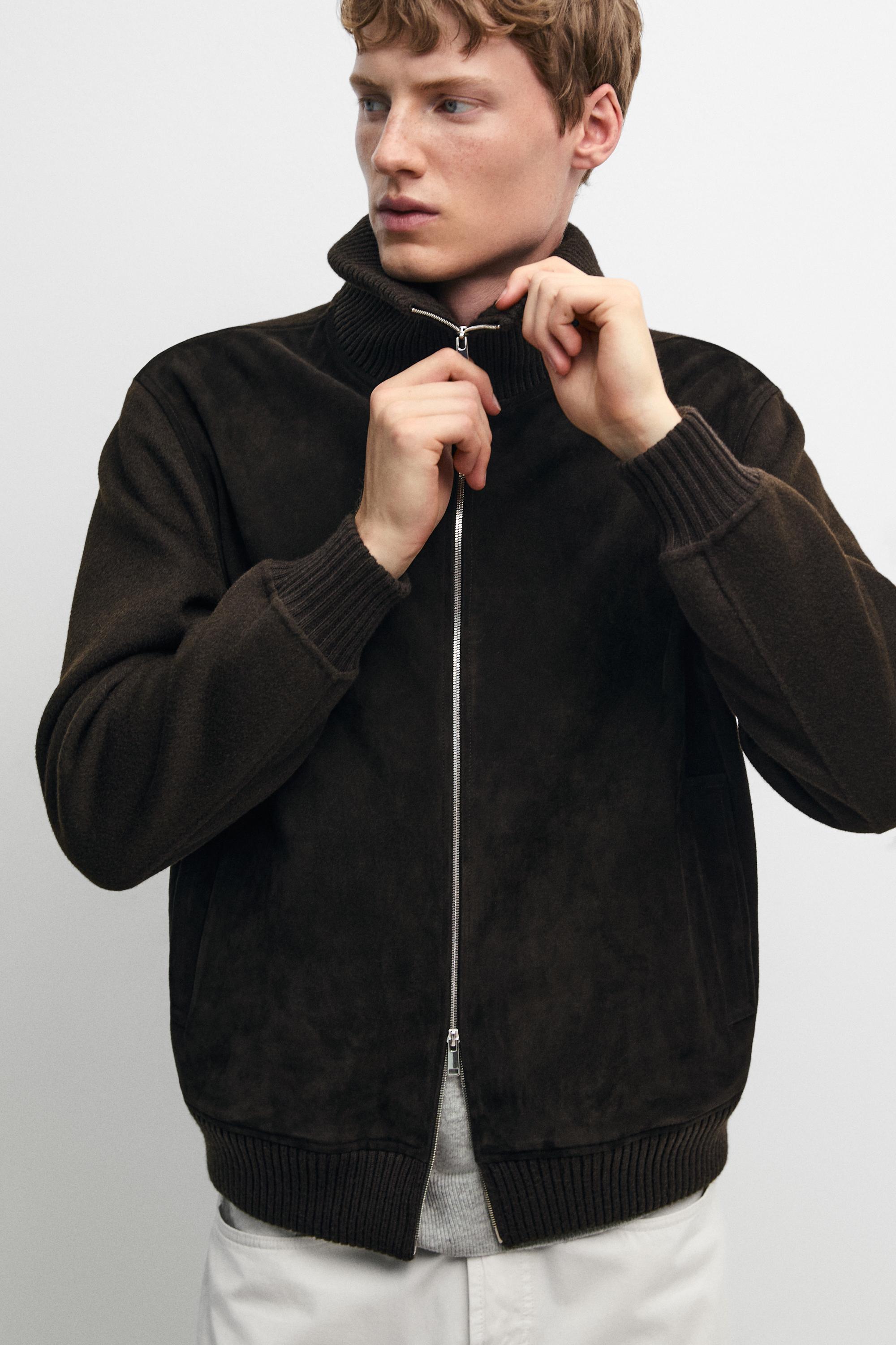 Mixed double-knit and goatskin suede cardigan — BROWN