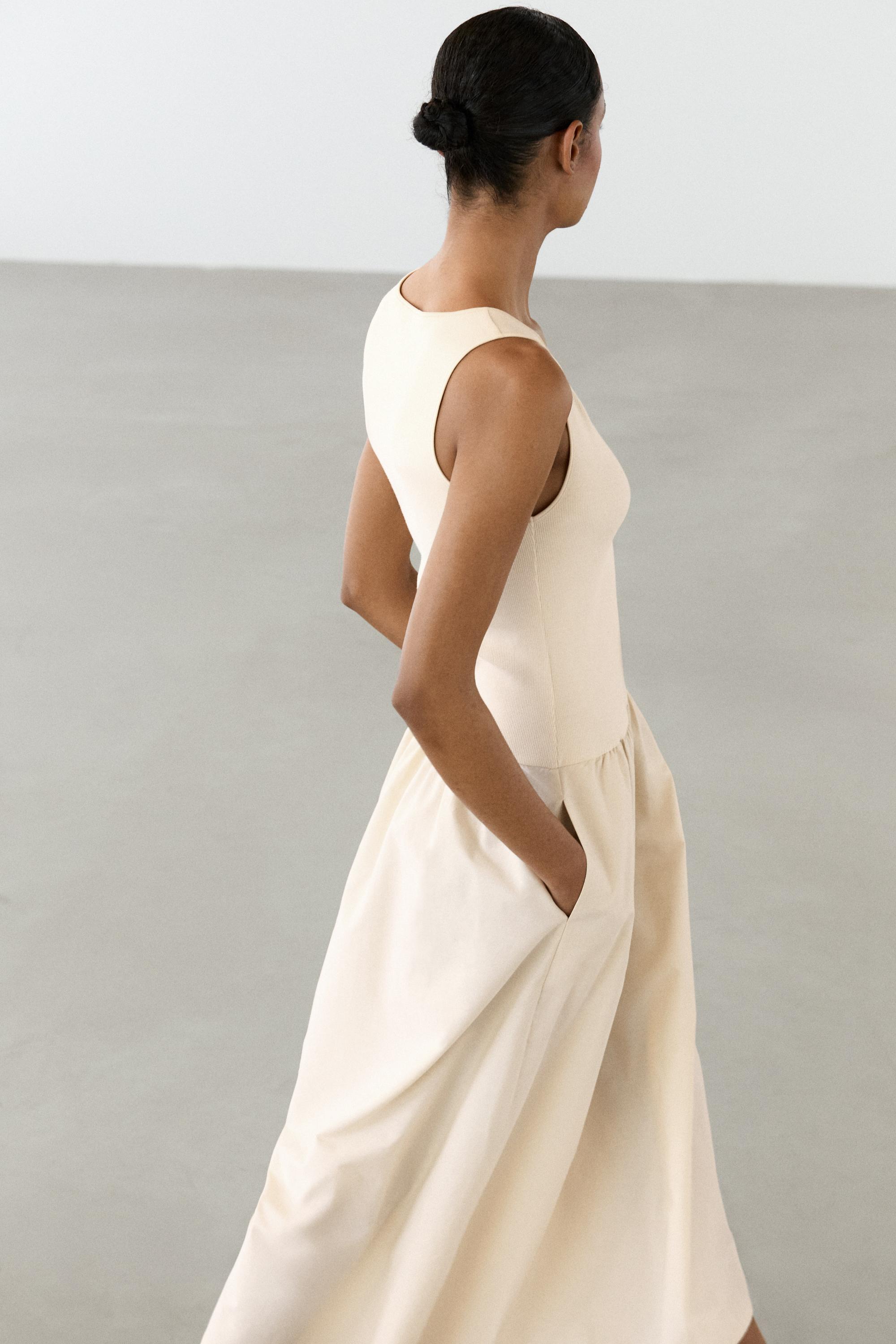 Cotton blend dress with contrast poplin — Vanilla
