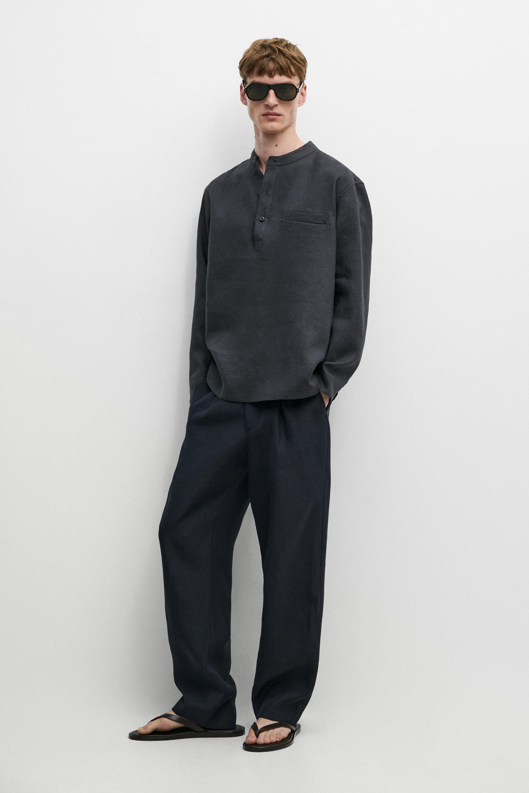 Linen button-up shirt with stand collar - LIMITED EDITION — NAVY BLUE