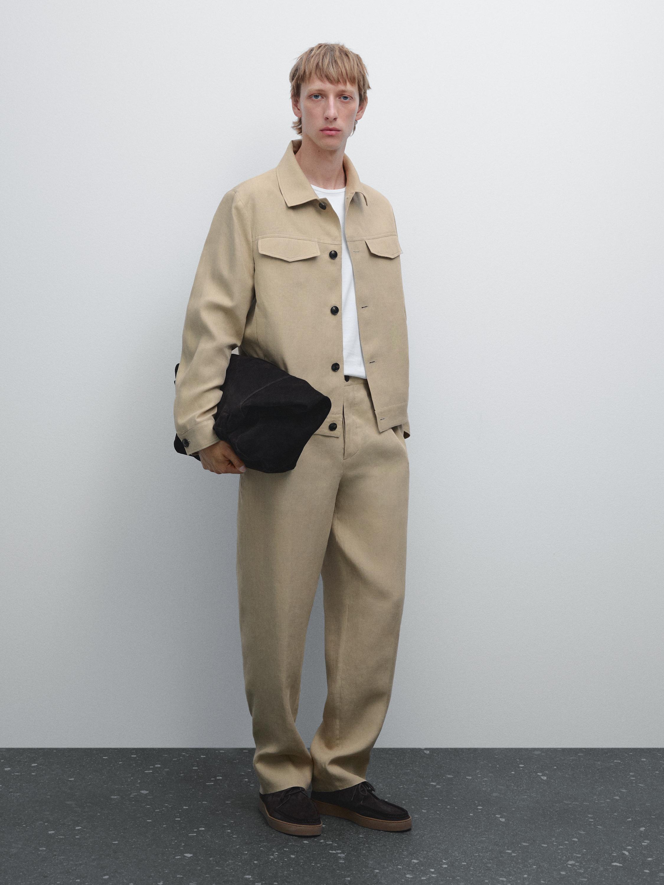 100% linen total look wide-leg trousers · Beige · Dressy Massimo Dutti