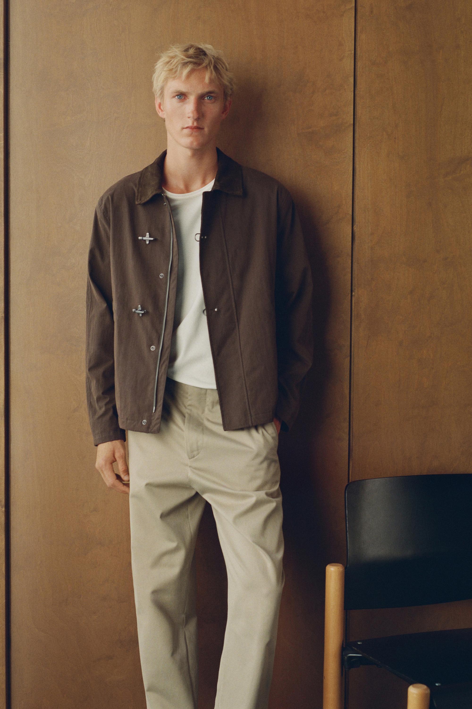 Jacket with leather collar detail — DARK KHAKI