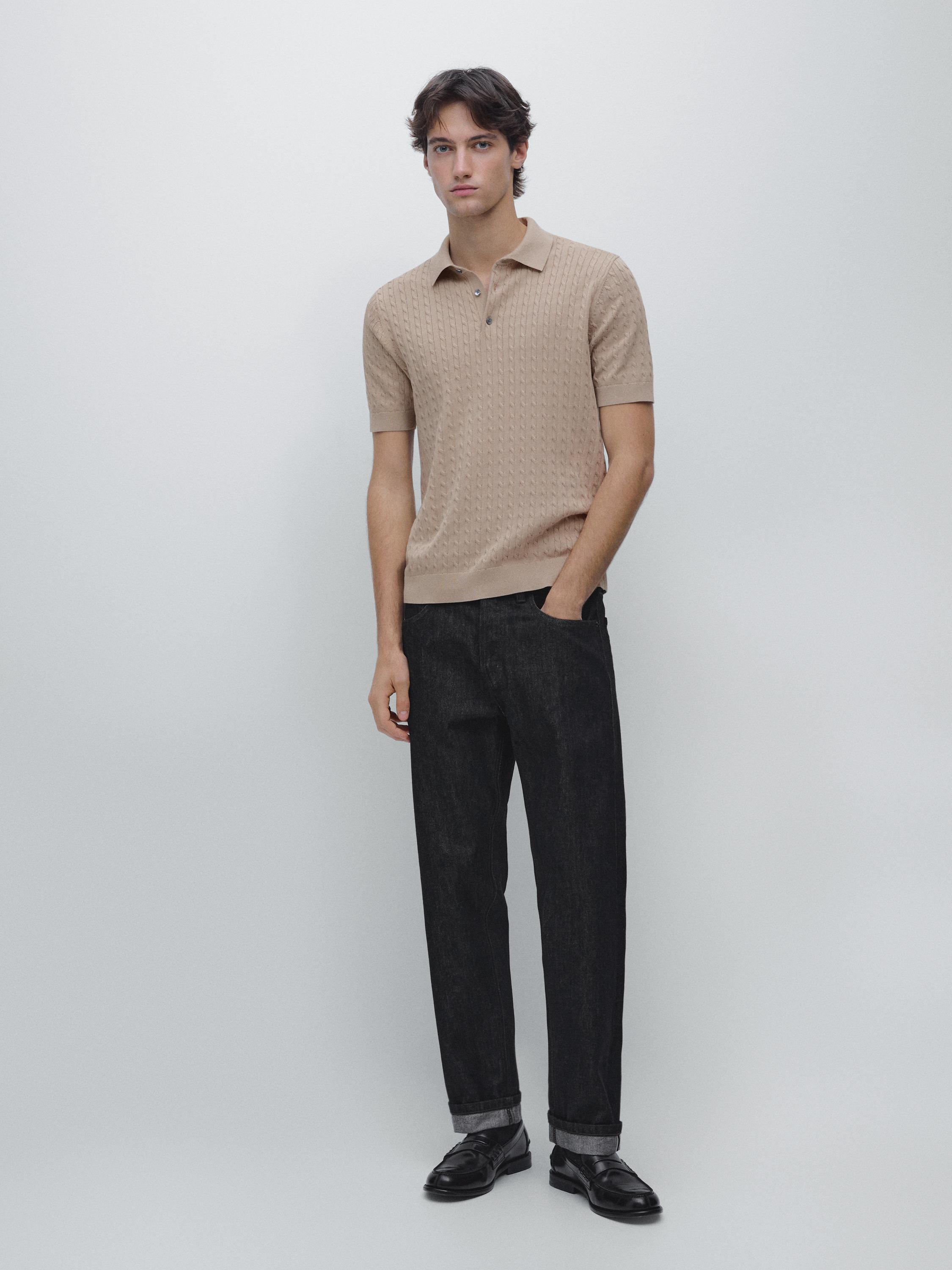 100% cotton cable-knit polo shirt — Sand beige