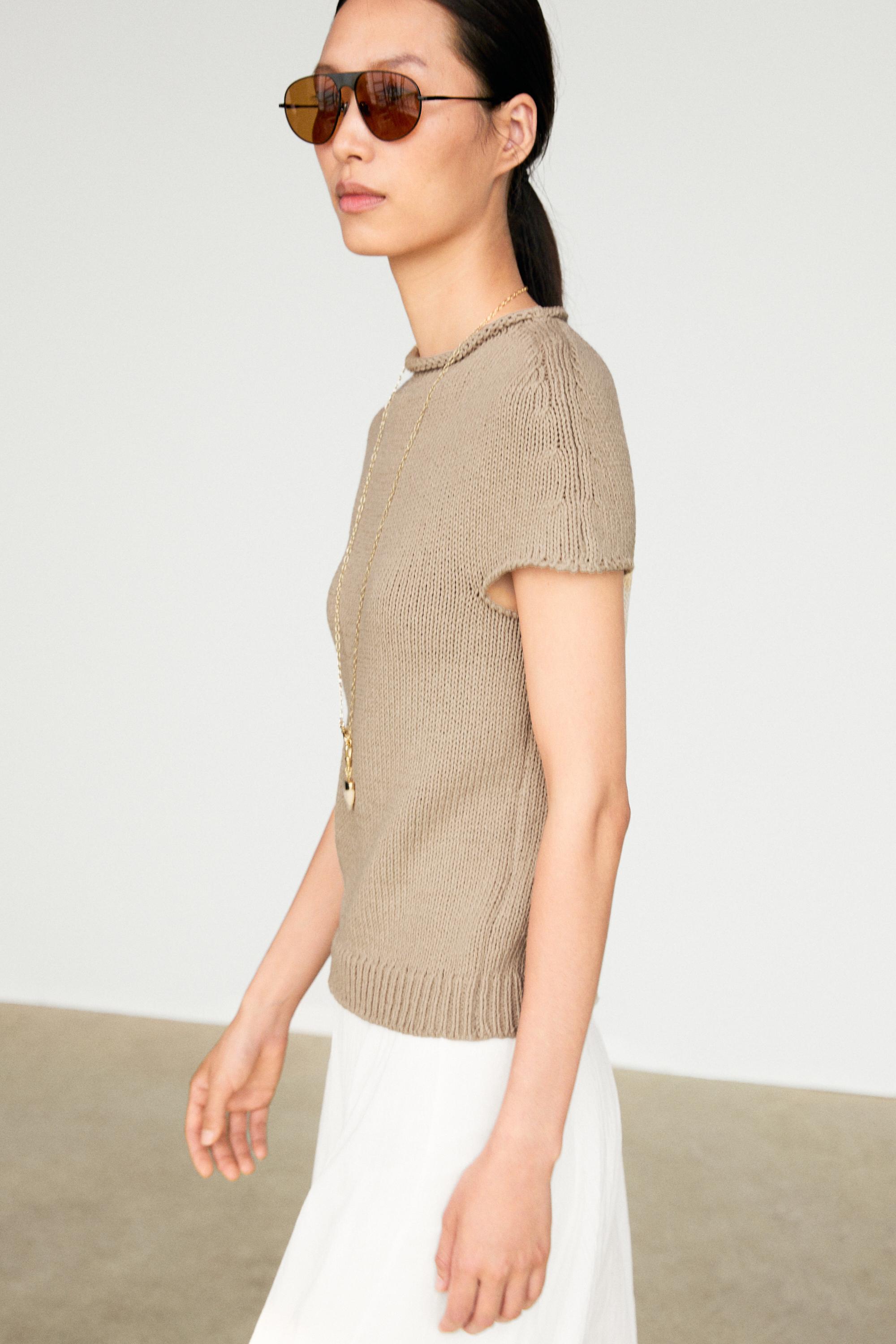 Strickpullover mit kurzen Ärmeln und Rollkragen aus Baumwolle